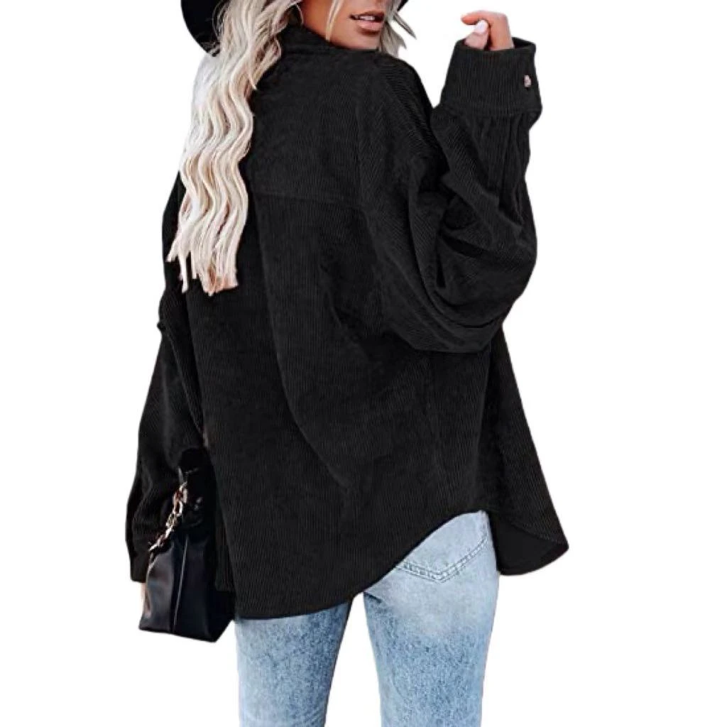 YesFashion Womens Corduroy Oversized Shirt Collared V Neck Long Sleeve Button Up Blouses Shacket