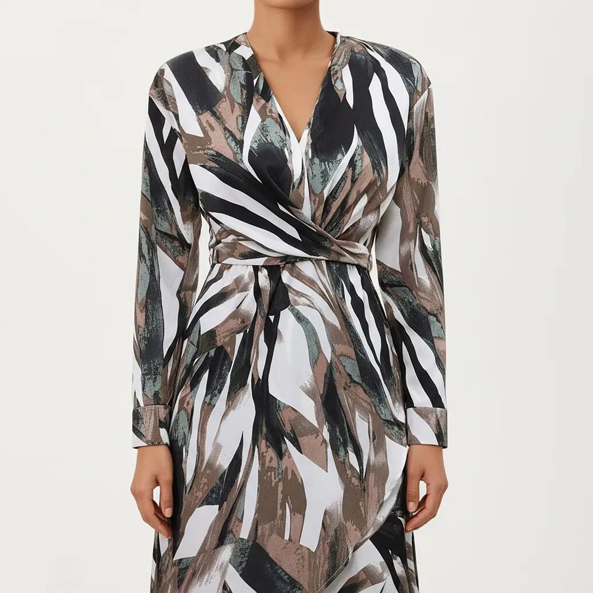 Anna-Kaci Women's Abstract Print Long Sleeve Belt Asymmetrical Hem Wrap Dress