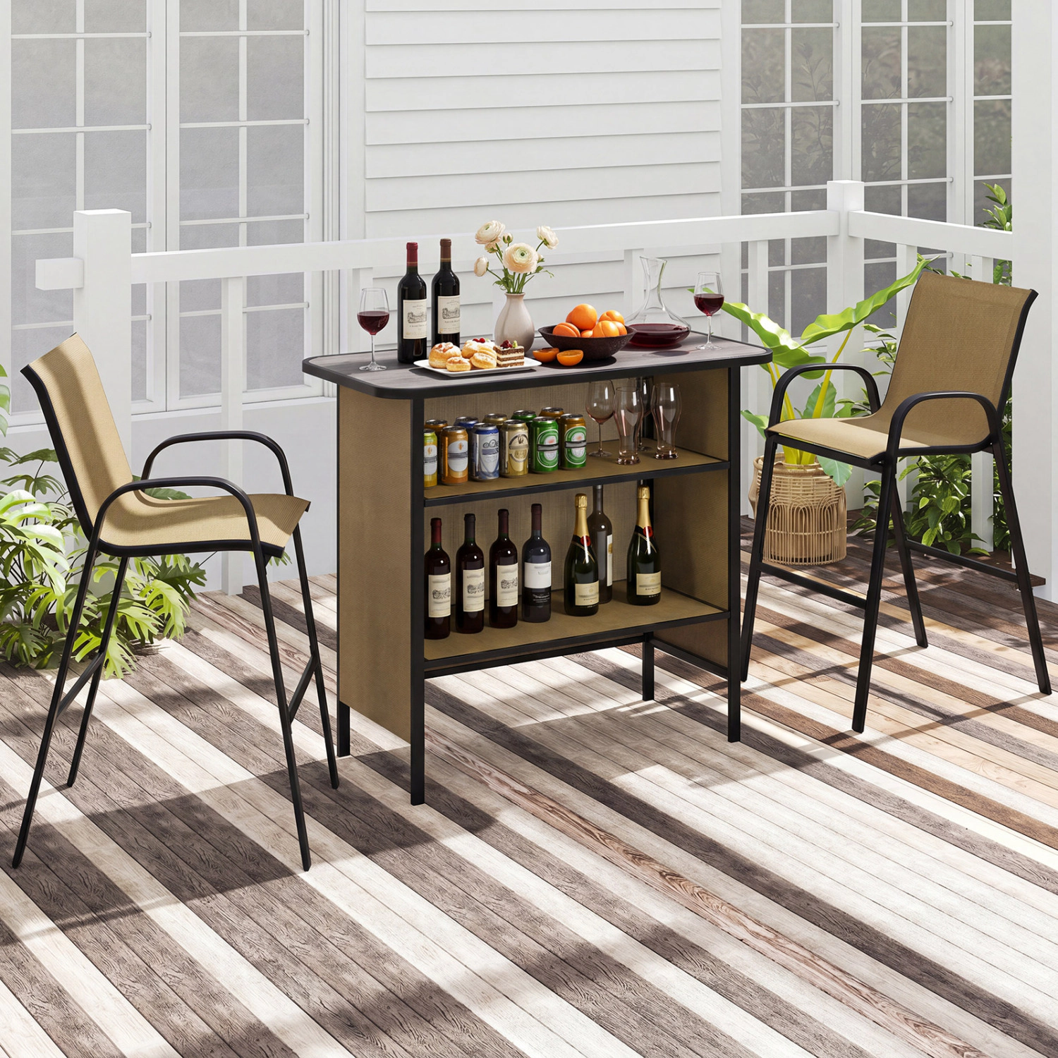 LJG 3 Piece Outdoor Bar Set with Footrest and 2-Tier Shelf