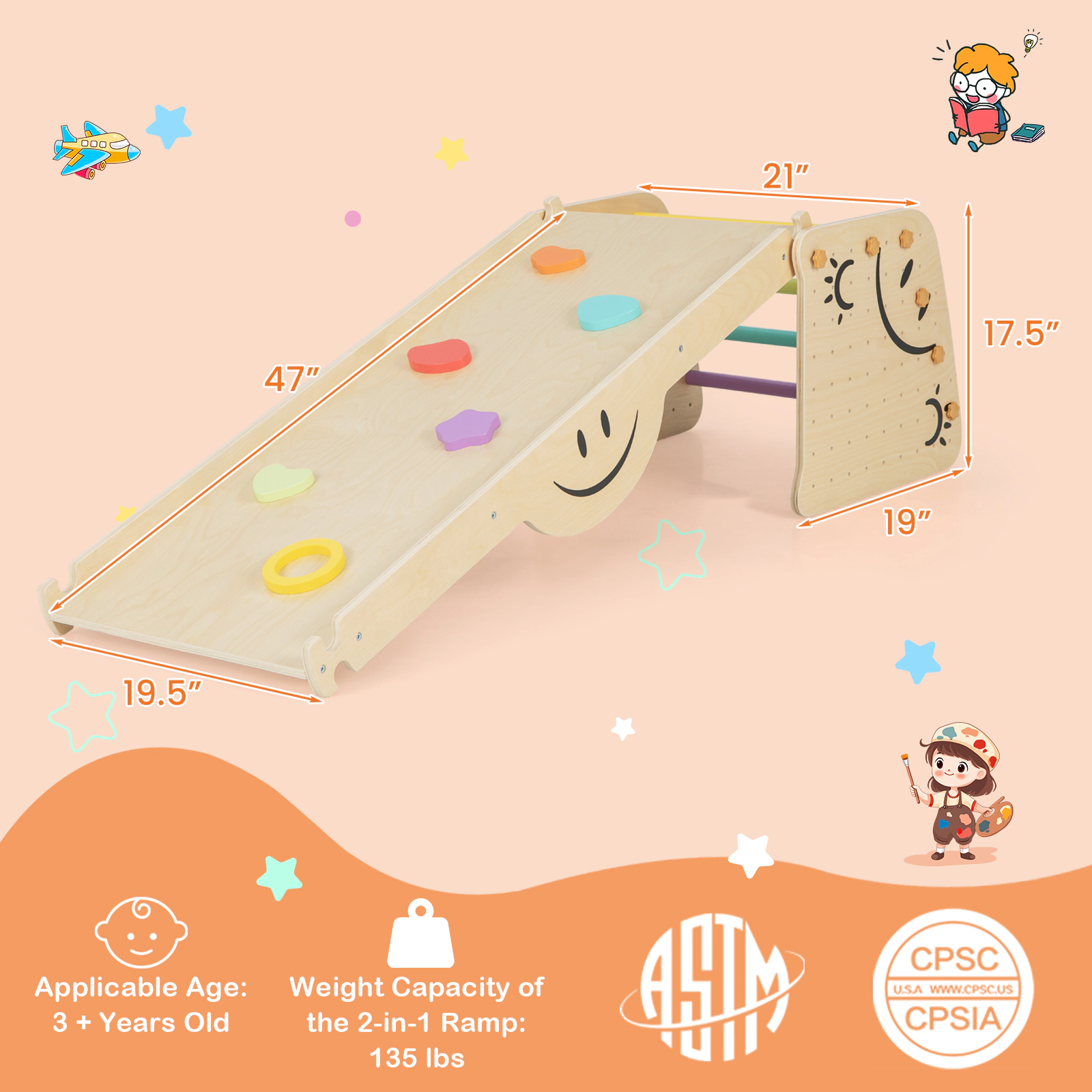 SUGIFT Multicolor Seesaw and 47 Inch Ramp Kids Wooden Climbing Toy Triangle Climber Set