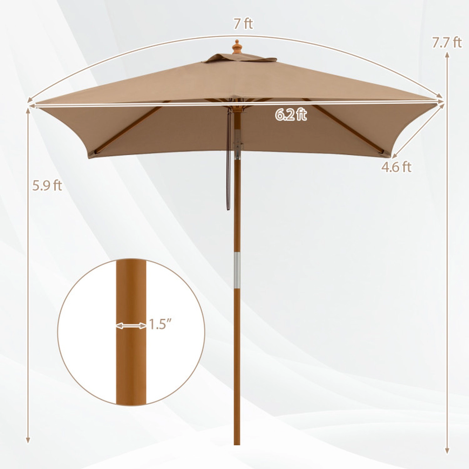 SUGIFT 7-ft Rectangular Patio Umbrella with Push-Button Tilt 3-Height Adjustment Rope Pulley Coffee
