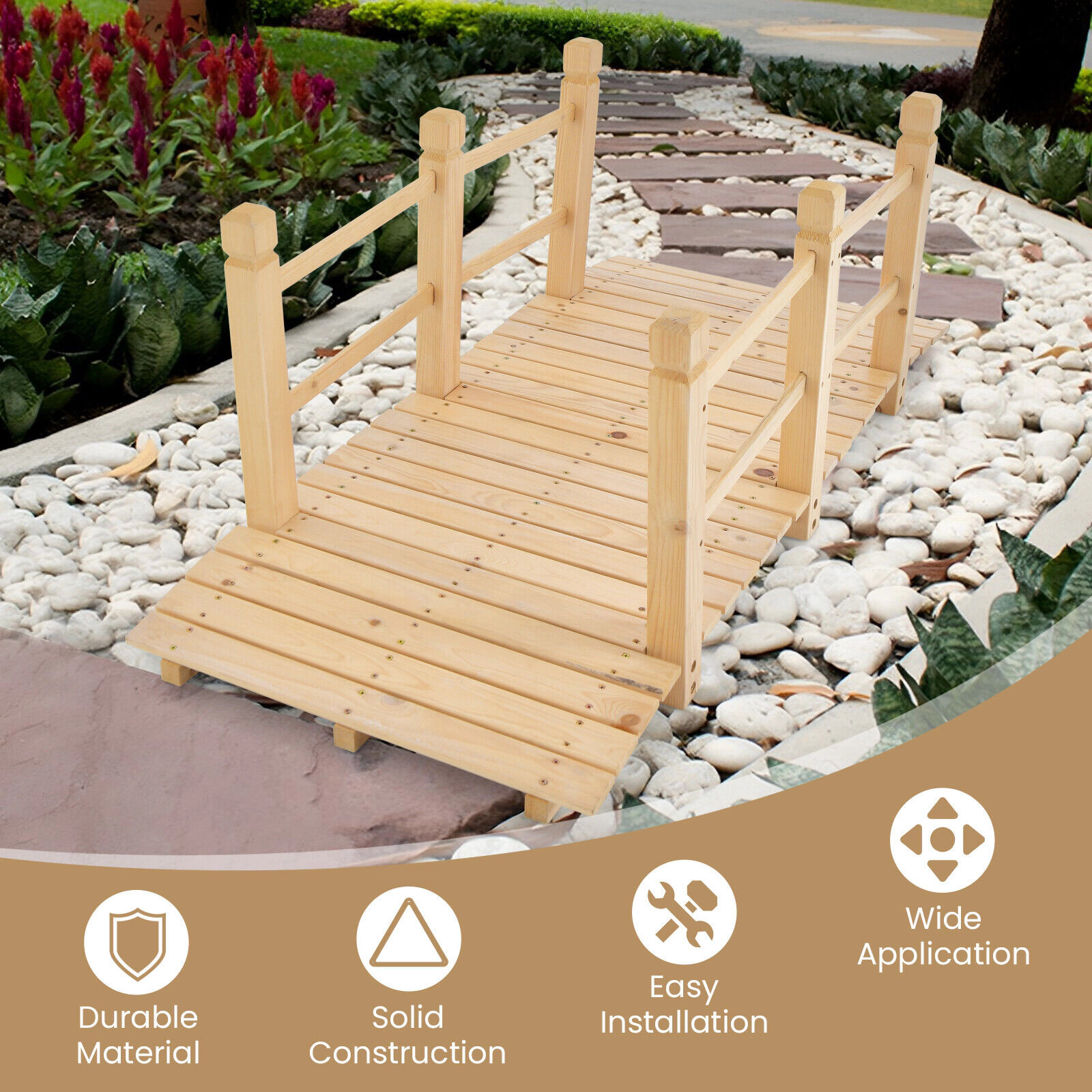 SUGIFT 5-Ft Fir Wood Garden Bridge with Safety Rails 400-lb Capacity Natural Wood/Stained Wood