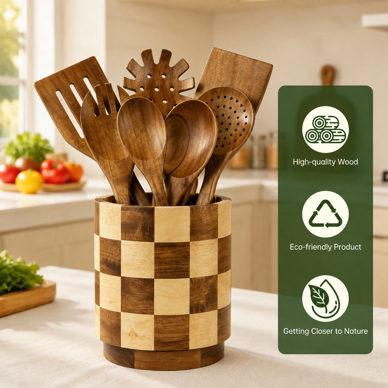 WZK 360 Rotating Acacia Wood Kitchen Utensil Holder