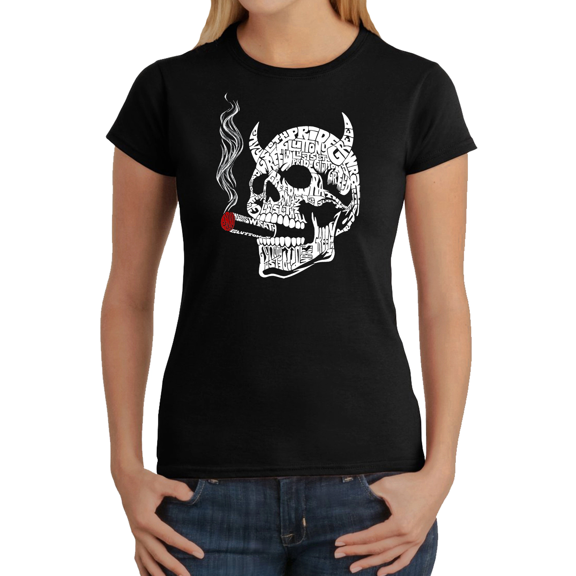 LA Pop Art Women's Word T-Shirt - 7 Deadly Sins Skull
