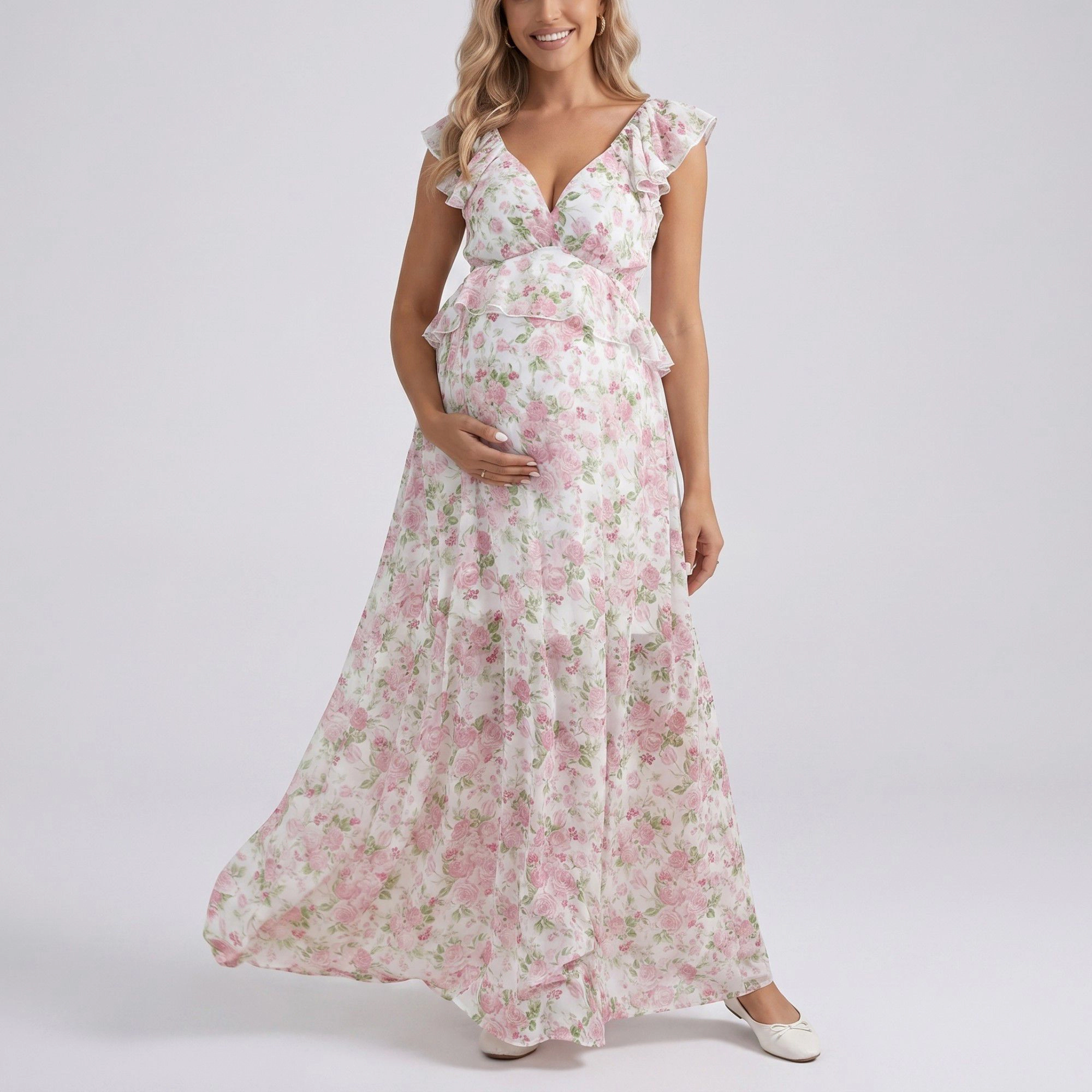 Anna-Kaci Women's Floral Ruffle Sleeve Empire Waist Maternity Maxi Dress