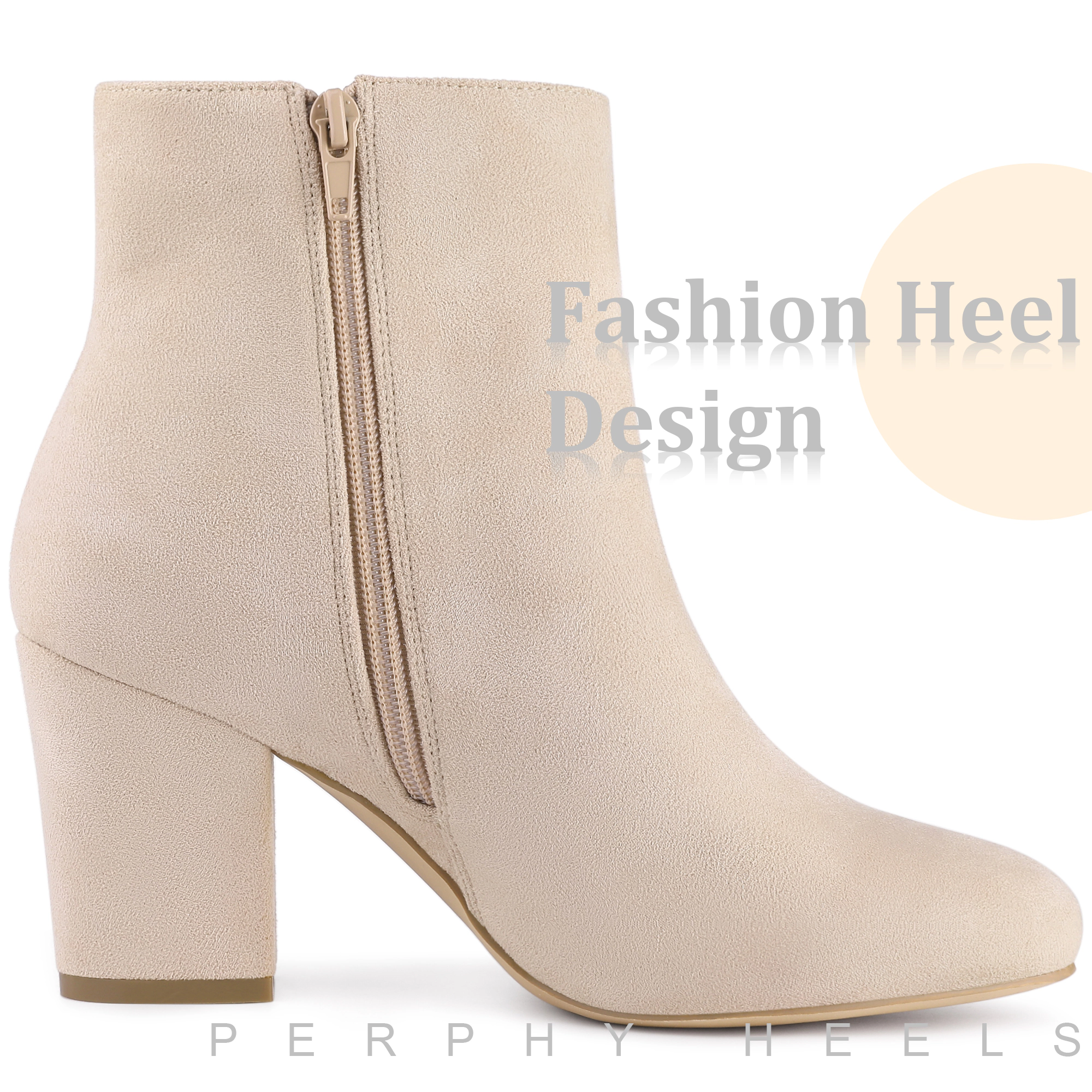BLISSFUL STEP Women Faux Suede Round Toe Chunky High Heels Side Zip Ankle Boots
