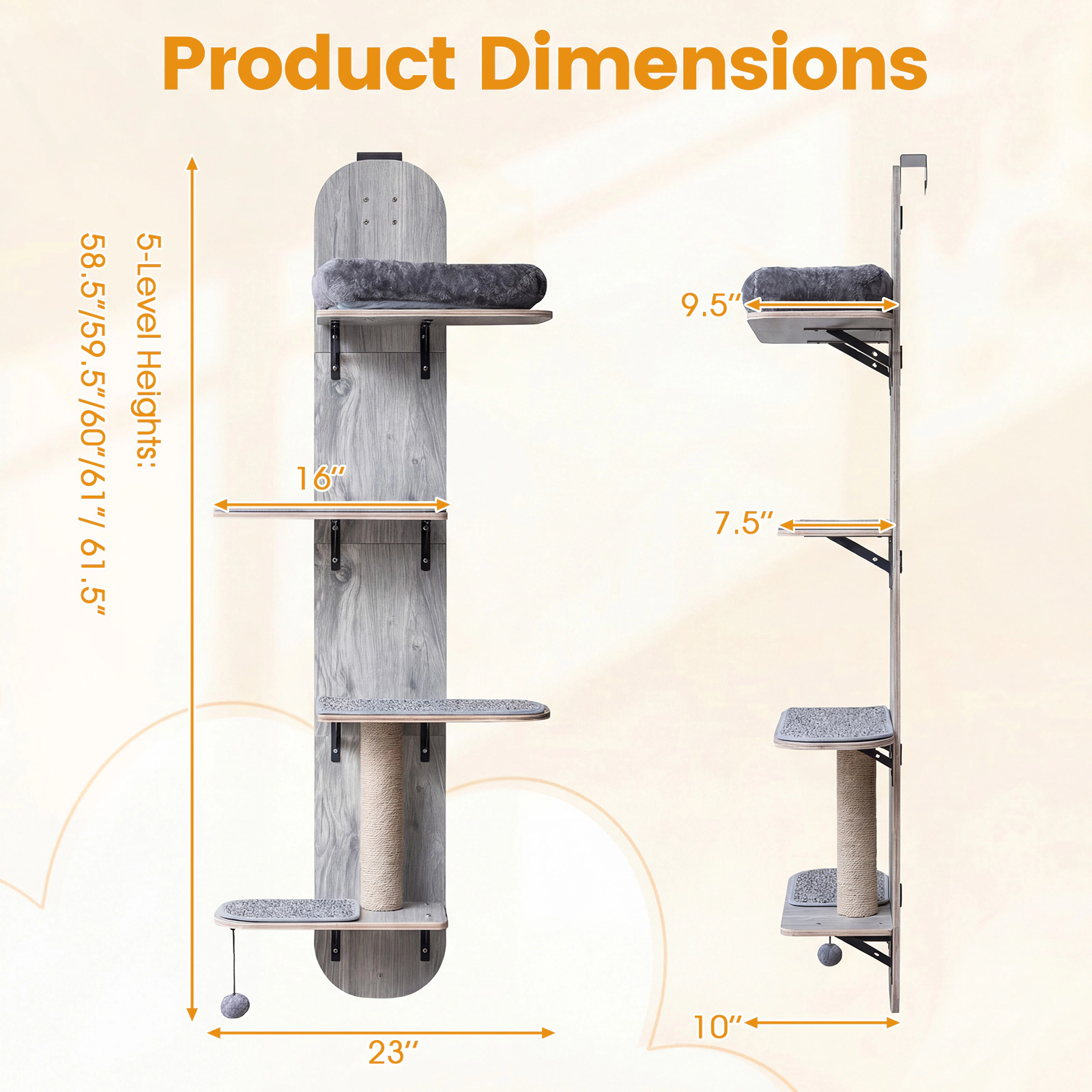 SUGIFT Door Hanging Cat Climber 5-Level Adjustable Cat Tree 11-lb Capacity with Plush Bed Beige Natural Gray