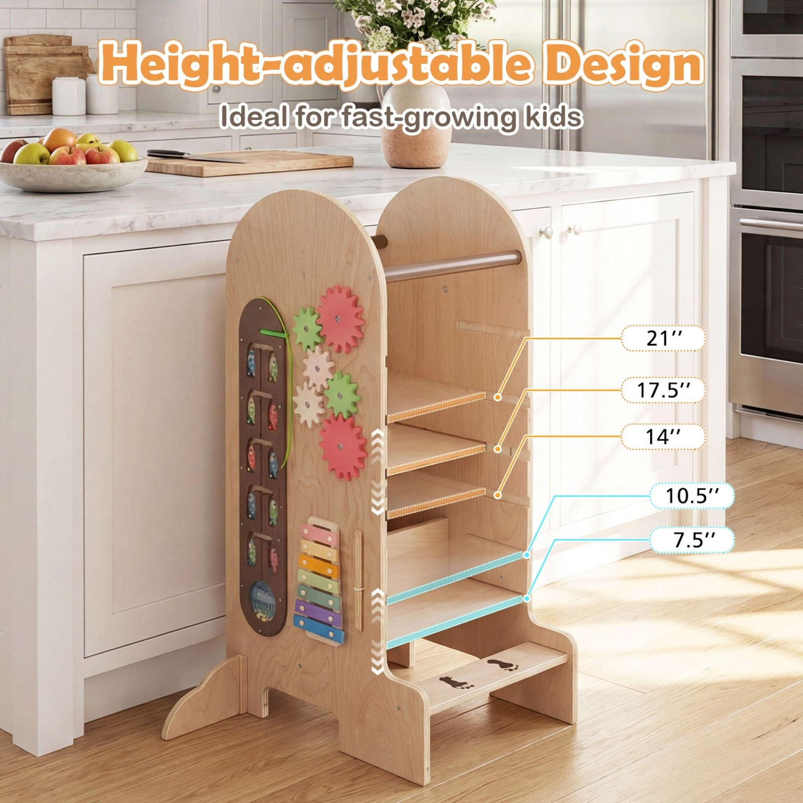 SUGIFT Natural Toddler Kitchen Helper Tower Stool with 3 Adjustable Heights Slide and Wood Chalkboard