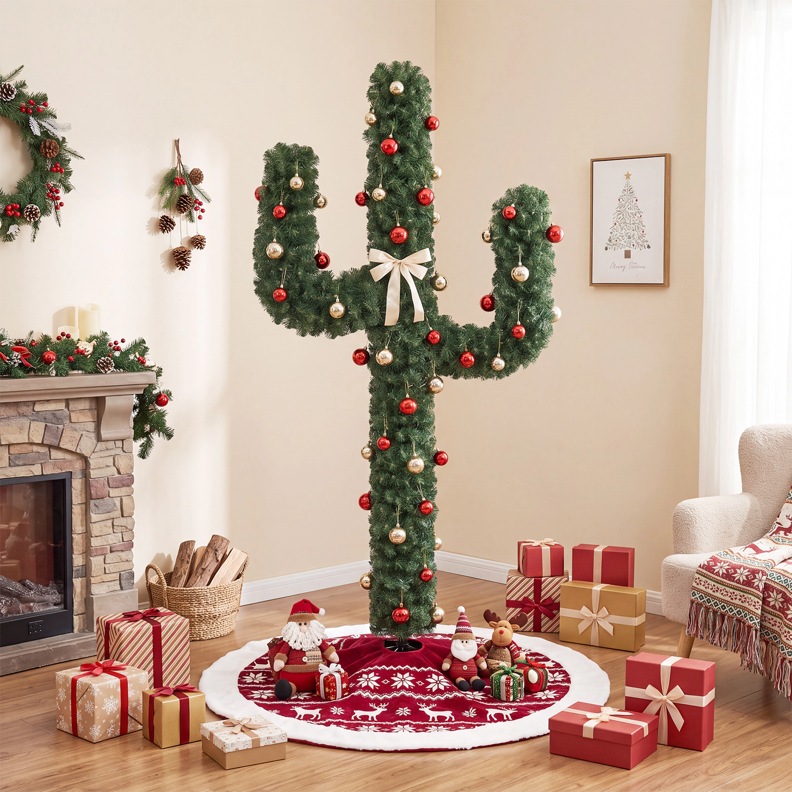 Costway 7 FT Pre-Lit Cactus Christmas Tree with 160 LED Lights Green