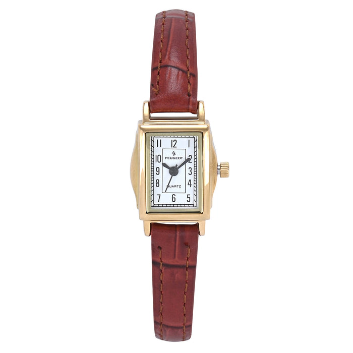 Peugeot Women's Vintage 14K Gold-Plated Rectangular Small Face Watch with Brown Leather Strap