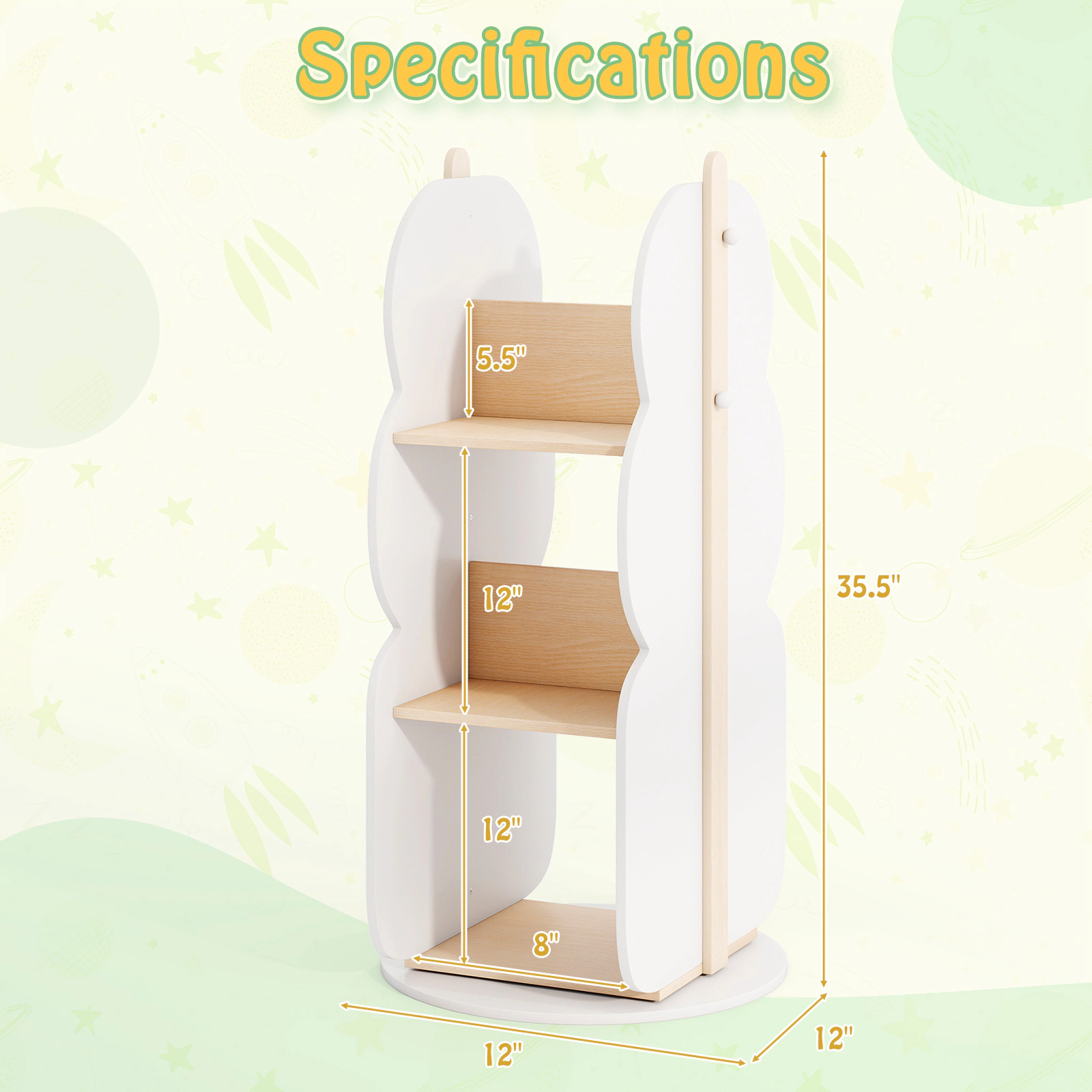 SUGIFT Kids 360-Degree Rotating 5 Open Shelves Engineered Board Toy Storage Bookshelf 12-in x 12-in x 35.5-in White