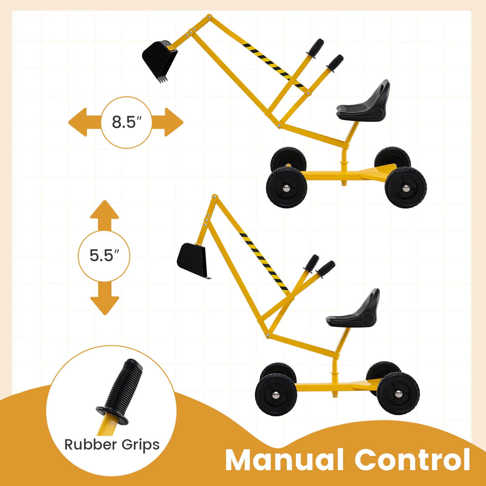 Kids Sandbox Toy Digger Ride-On Excavator Dual Lever Controls Fine Motor Skills 360-Degree Seat 110-lb Ages 3+ Yellow