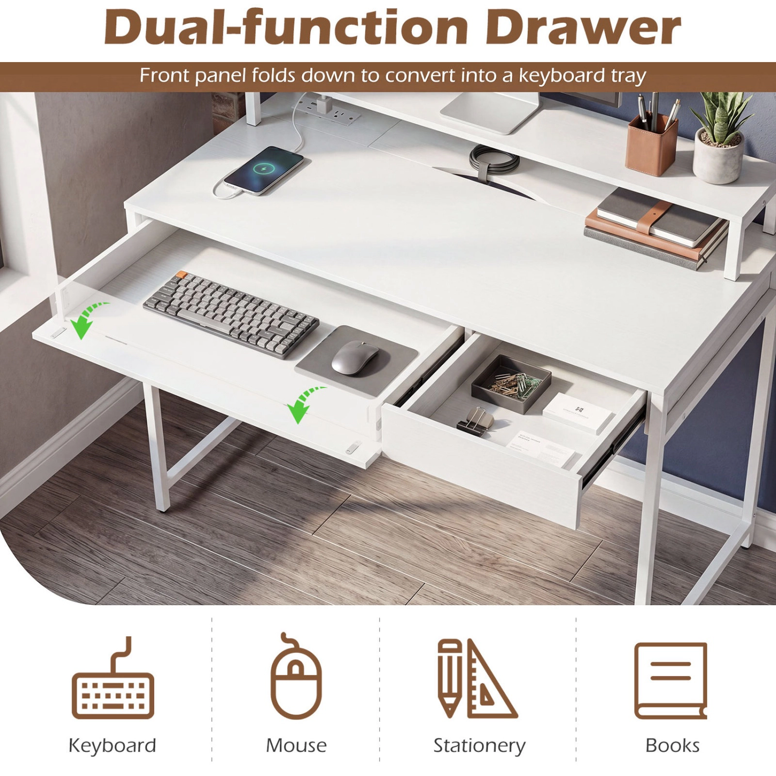 SUGIFT 39.5-in White Compact Computer Desk with Keyboard Tray, Removable Monitor Shelf and Power Outlet