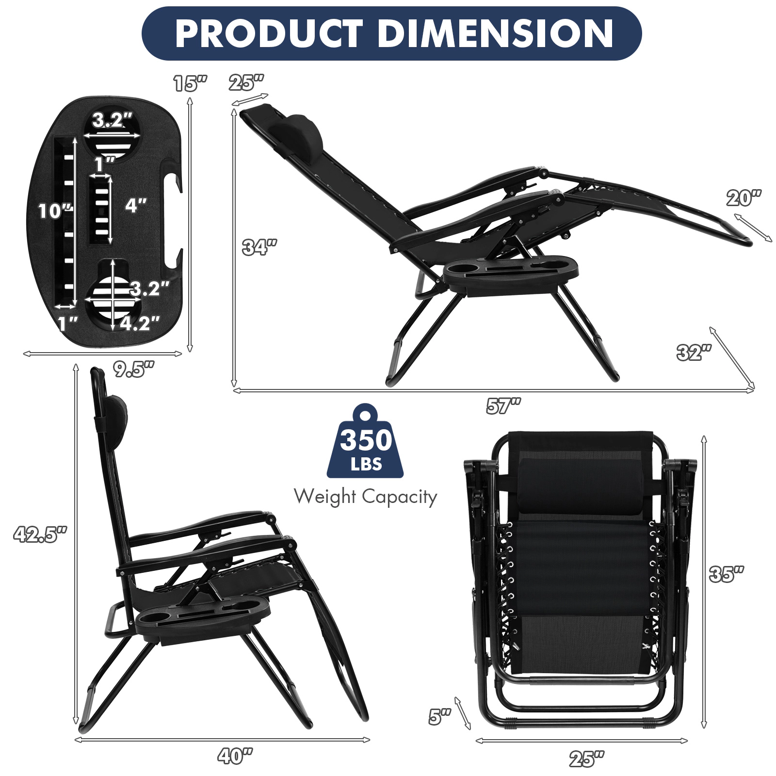 LJG Outdoor Folding Zero Gravity Reclining Lounge Chair with Utility Tray