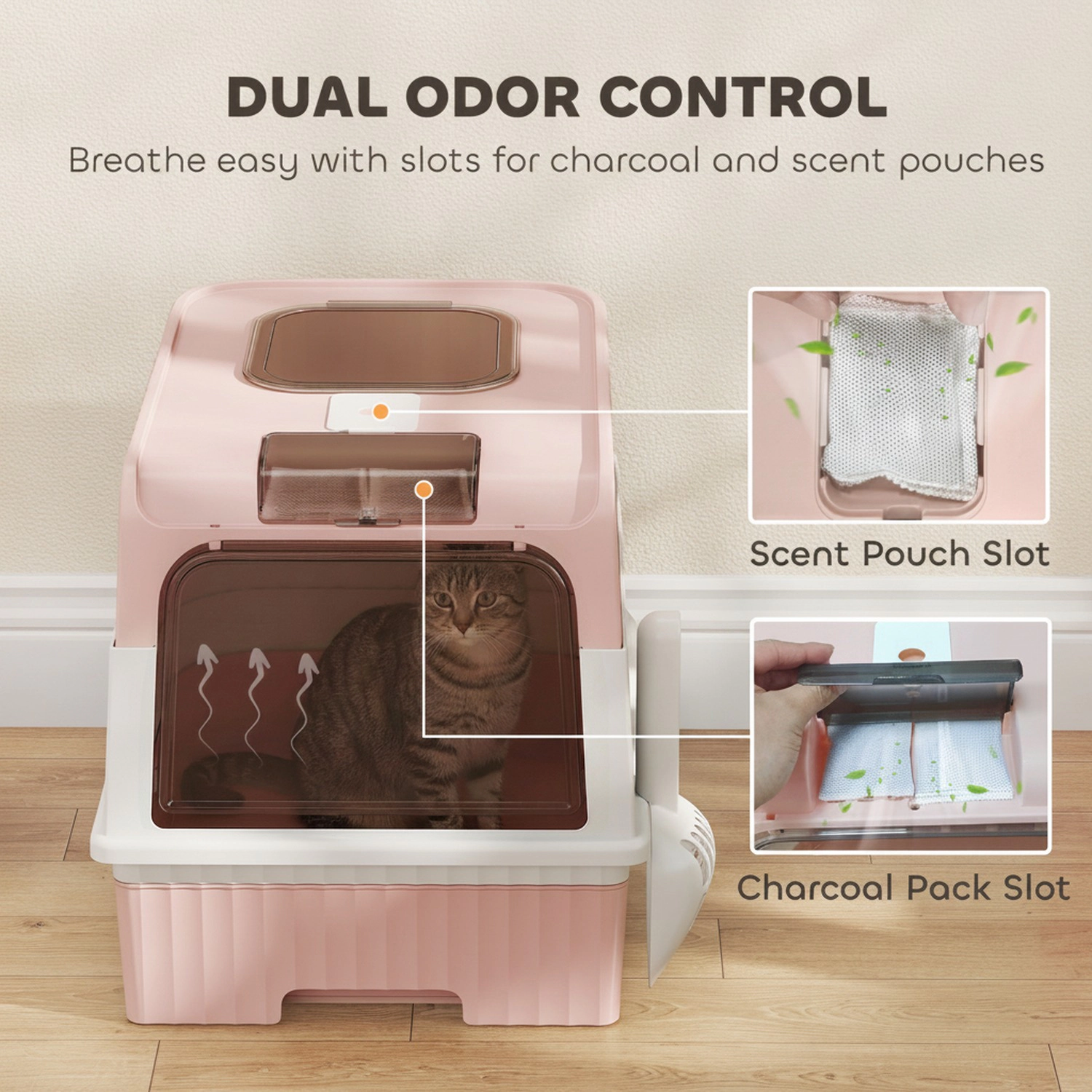 HONGGE Cat Litter Box Hooded Cat Litter Tray with Drawer Pan Front Entry & Top Exit Easy Cleaning