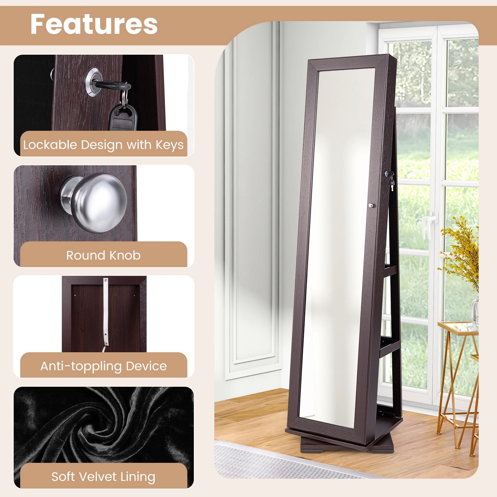 Hivvago 360° Rotatable 2-in-1 Lockable Jewelry Cabinet with Full-Length Mirror