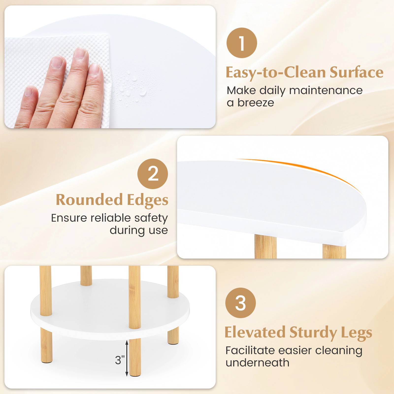 Glintex 2-Piece Round Bamboo 3-Tier Side Table Set with Rounded Edges, White