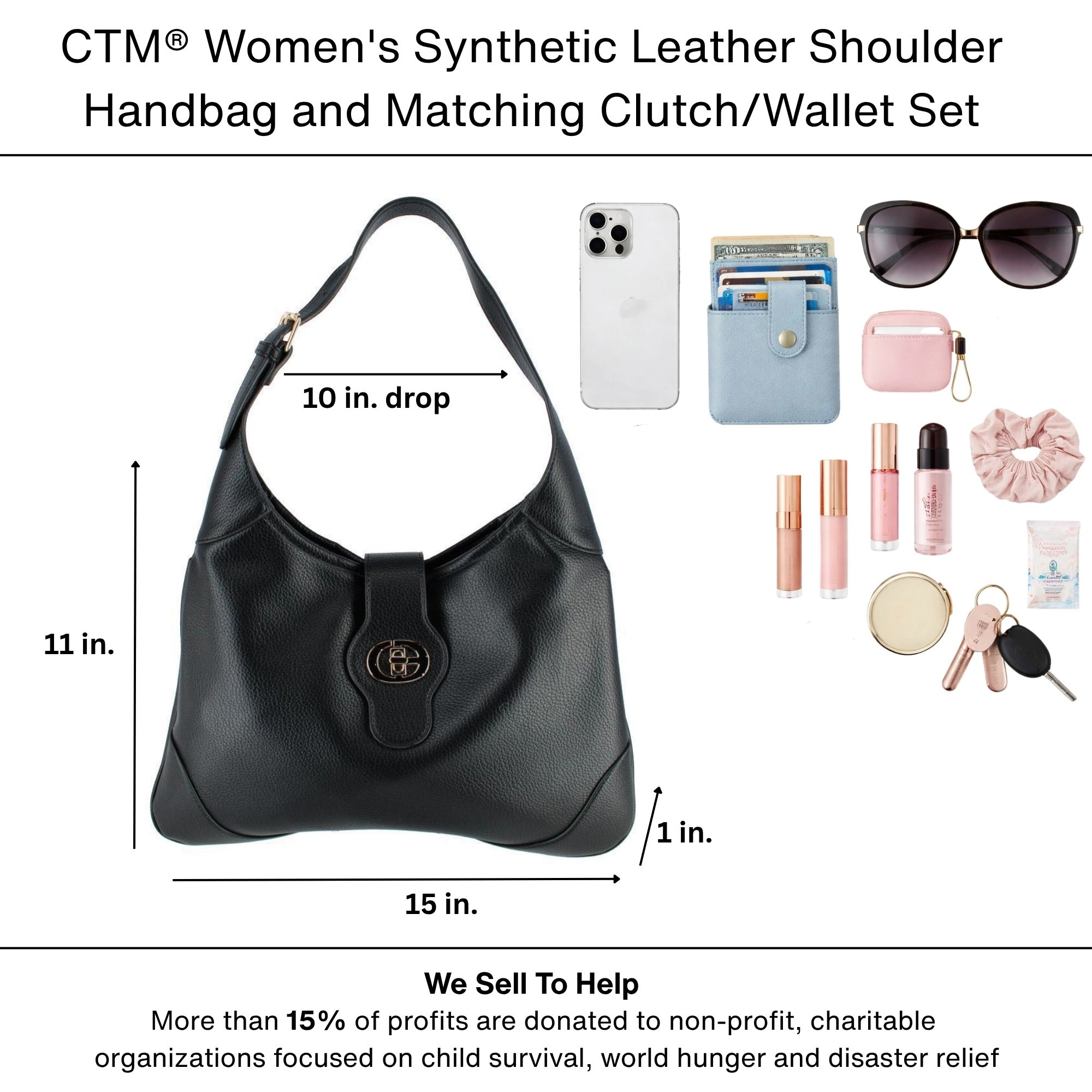 CTM Women's Synthetic Leather Shoulder Handbag and Matching Clutch Set