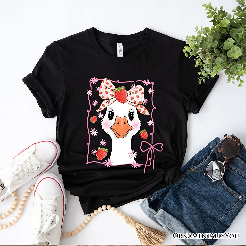 OrnamentallyYou Womens Coquette Goose With Strawberry Bow T-Shirt