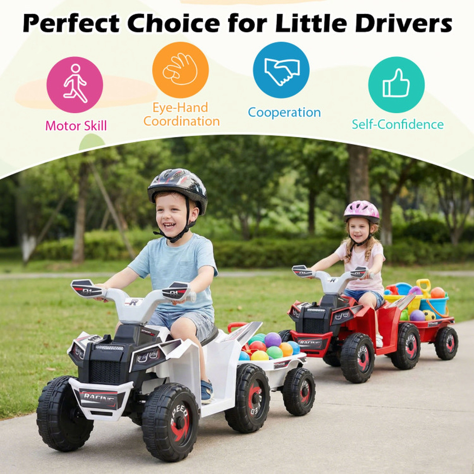 SUGIFT 6V Battery-Powered Kids Electric ATV Quad Car with Detachable Trailer 66-lb Capacity Ages 3+ 41-in Long White