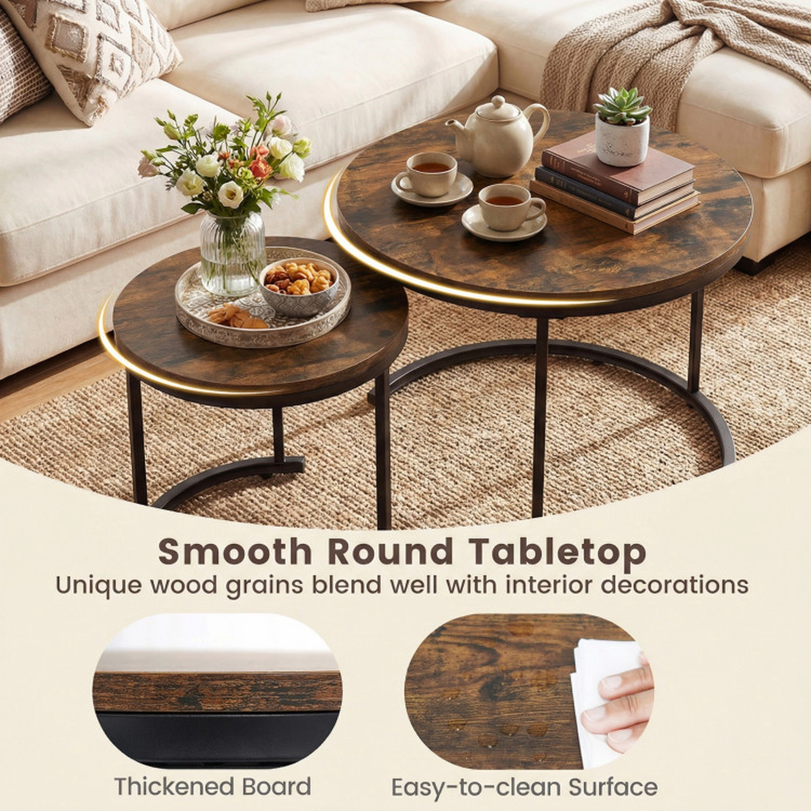 SUGIFT Set of 2 Round Nesting MDF Top Steel Frame Coffee Tables 24-in Dia x 20-in H 16-in Dia x 16.5-in H Rustic Brown