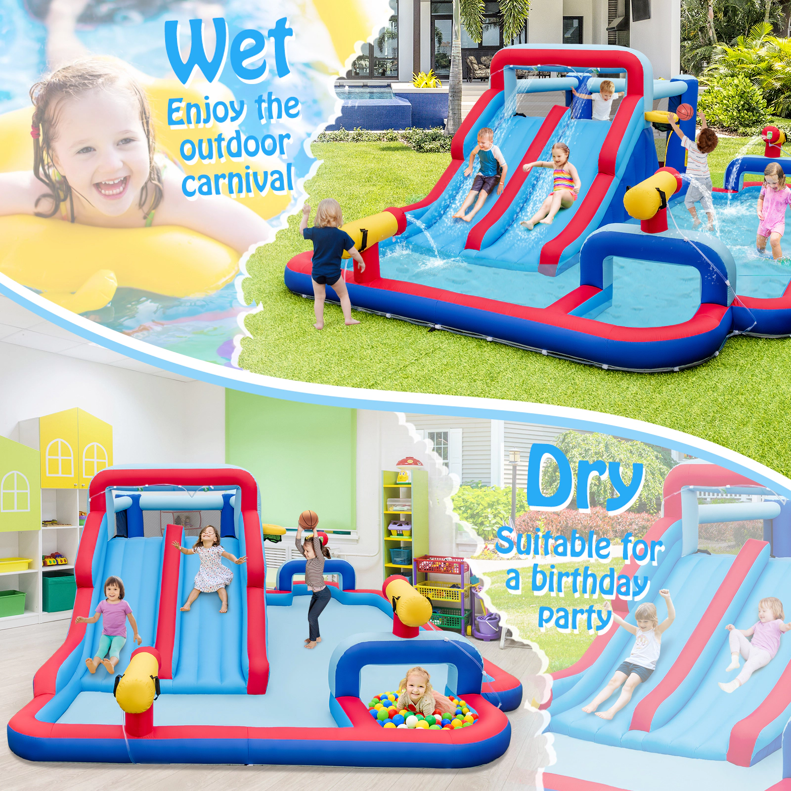 SUGIFT Bounce House with 2 Water Slides, 3 Water Cannons and Splash Pool 200-lb Capacity Ages 3-12 Multi-color