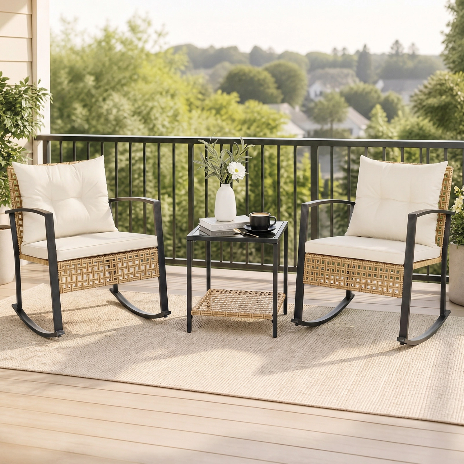SUGIFT 3-Piece Mixed Yellow Wicker Rocking Patio Set with 2 Chairs and 2-Tier Glass Table