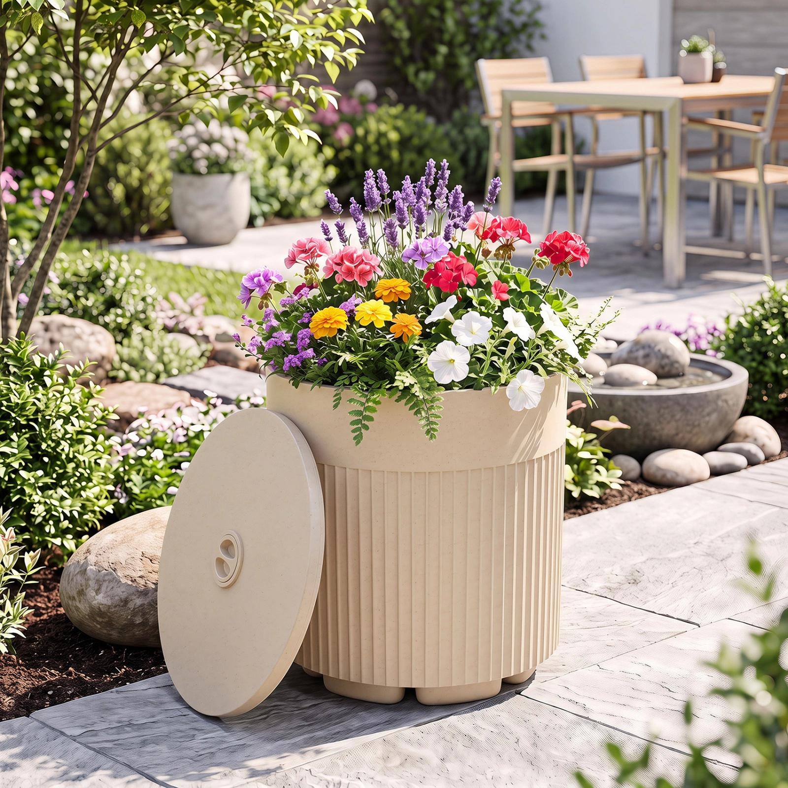 SUGIFT Beige 3-in-1 Patio Umbrella Base and Side Table