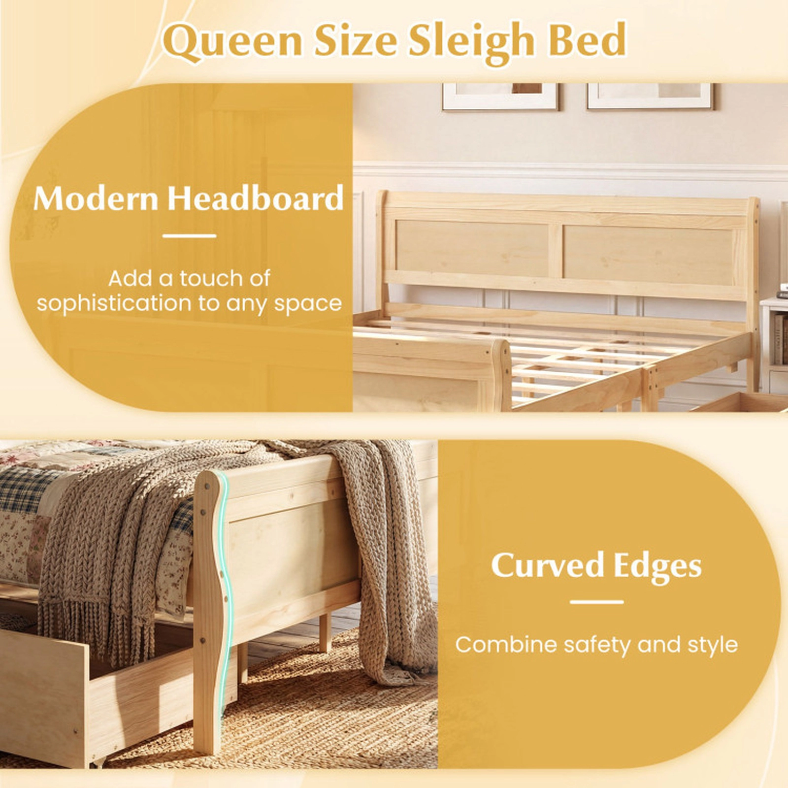 SUGIFT Natural 2 Storage Drawers and Curved Footboard Queen Size Wooden Bed Frame