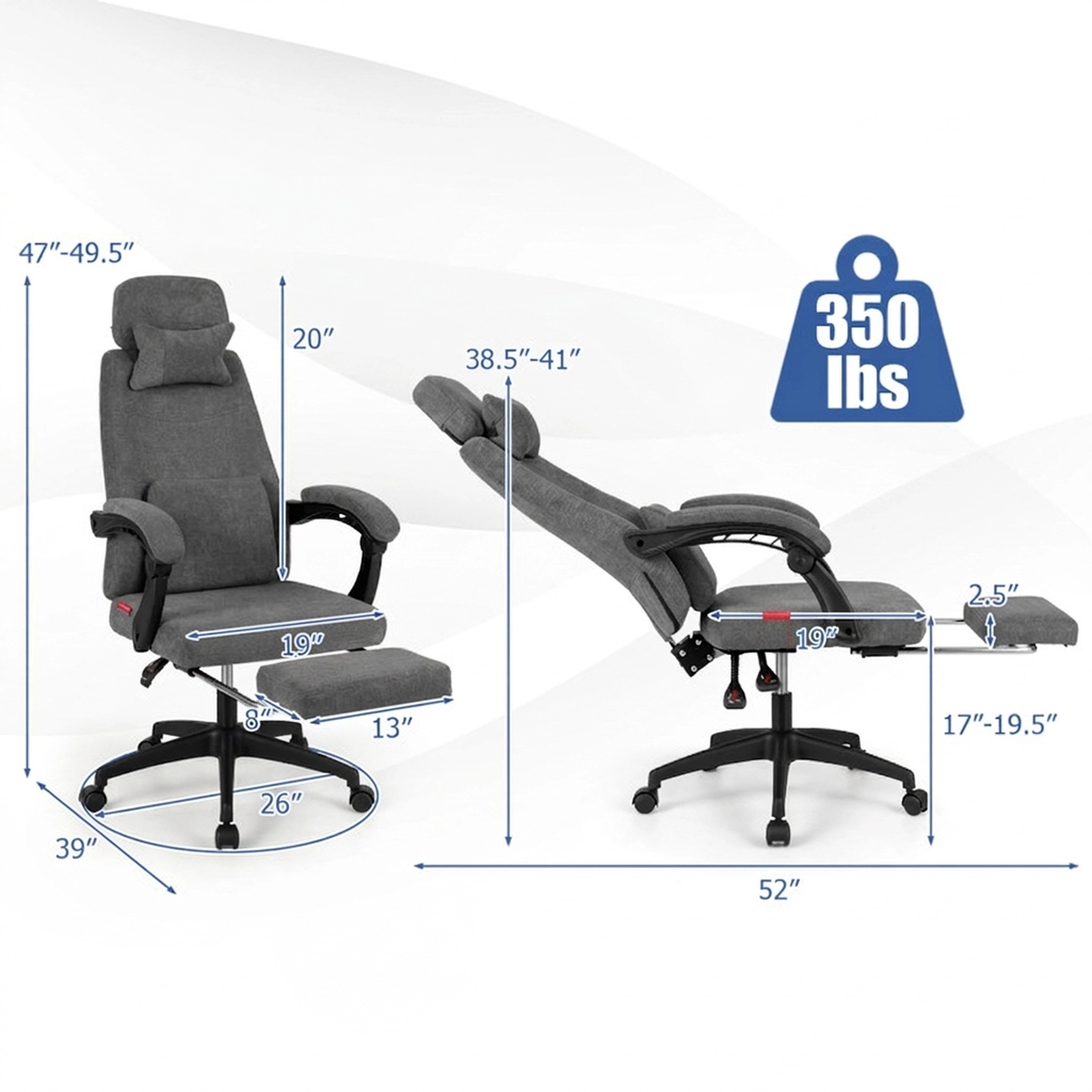 SUGIFT 350-lb Capacity Gray Chenille Reclining Computer Desk Chair with Retractable Footrest and Head Pillow