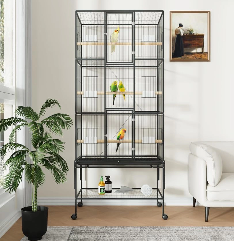 69-Inch Tall Large Metal Parrot Bird Cage, Rolling Stand Flight Aviary for Pet Parrots, Black