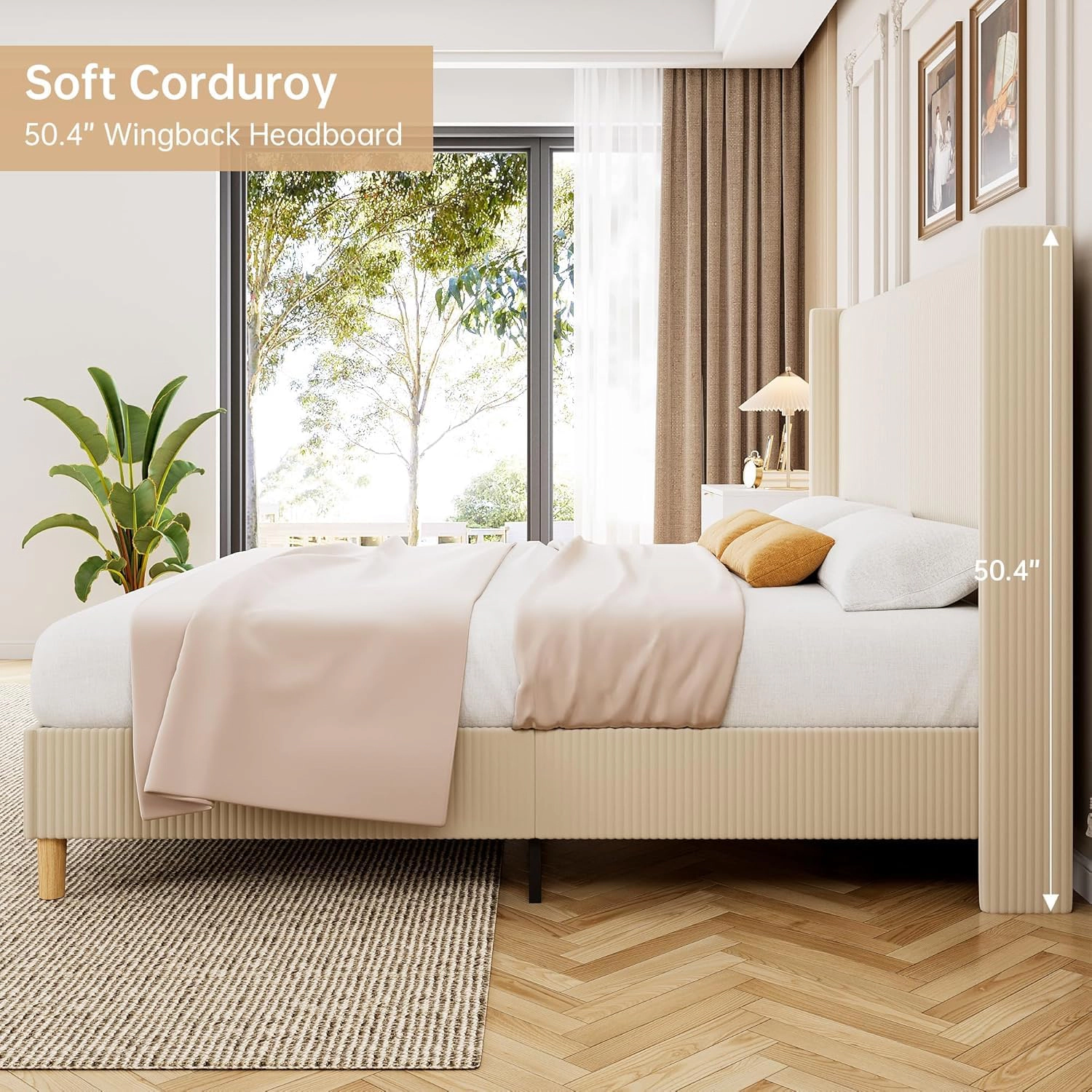 BebreezChic Beige Upholstered Queen Platform Bed Frame with Headboard,Beige