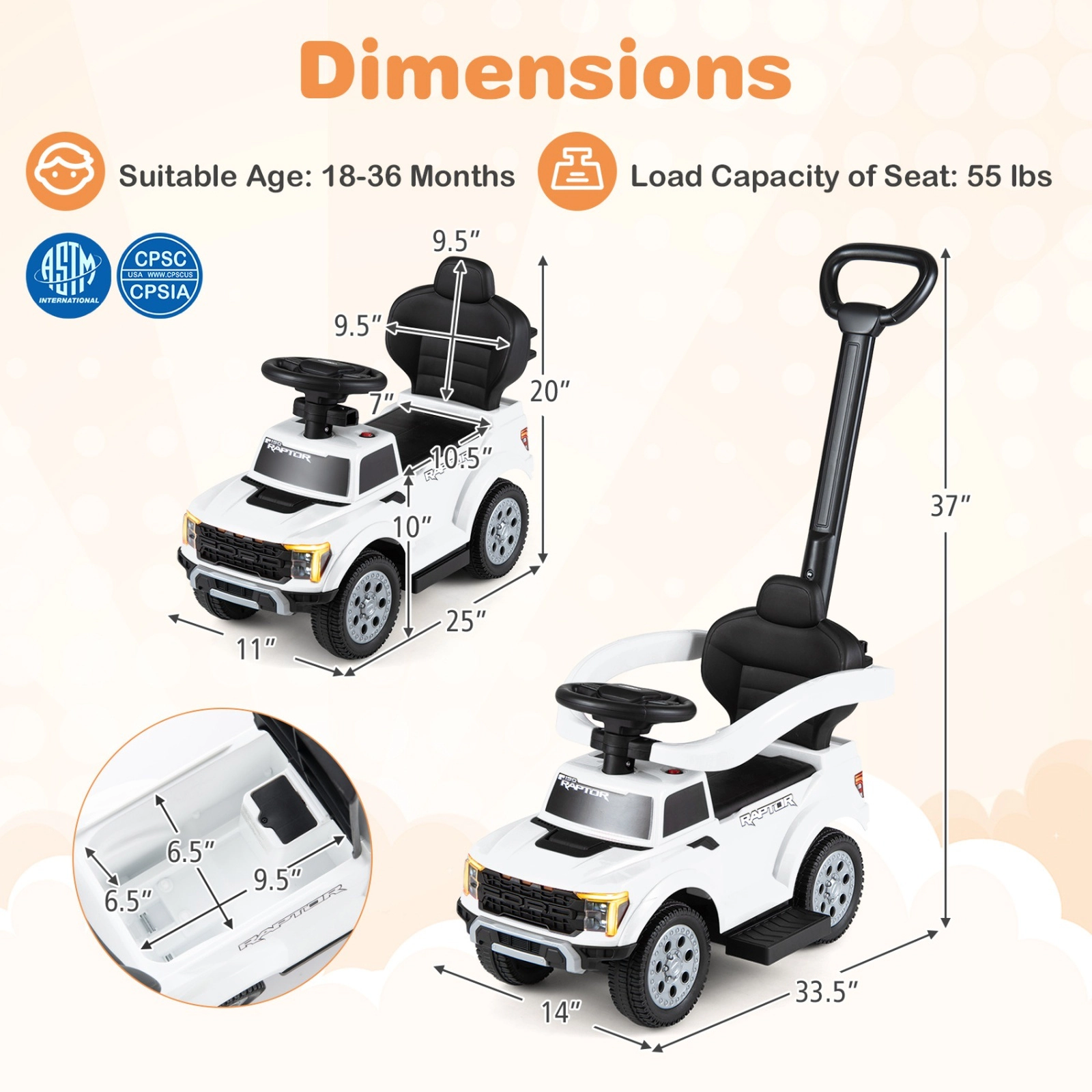3-in-1 Toddler Push Car Handle LED Headlights Horn Sound Effects Retractable Footrests Under-Seat 18-36 Months White