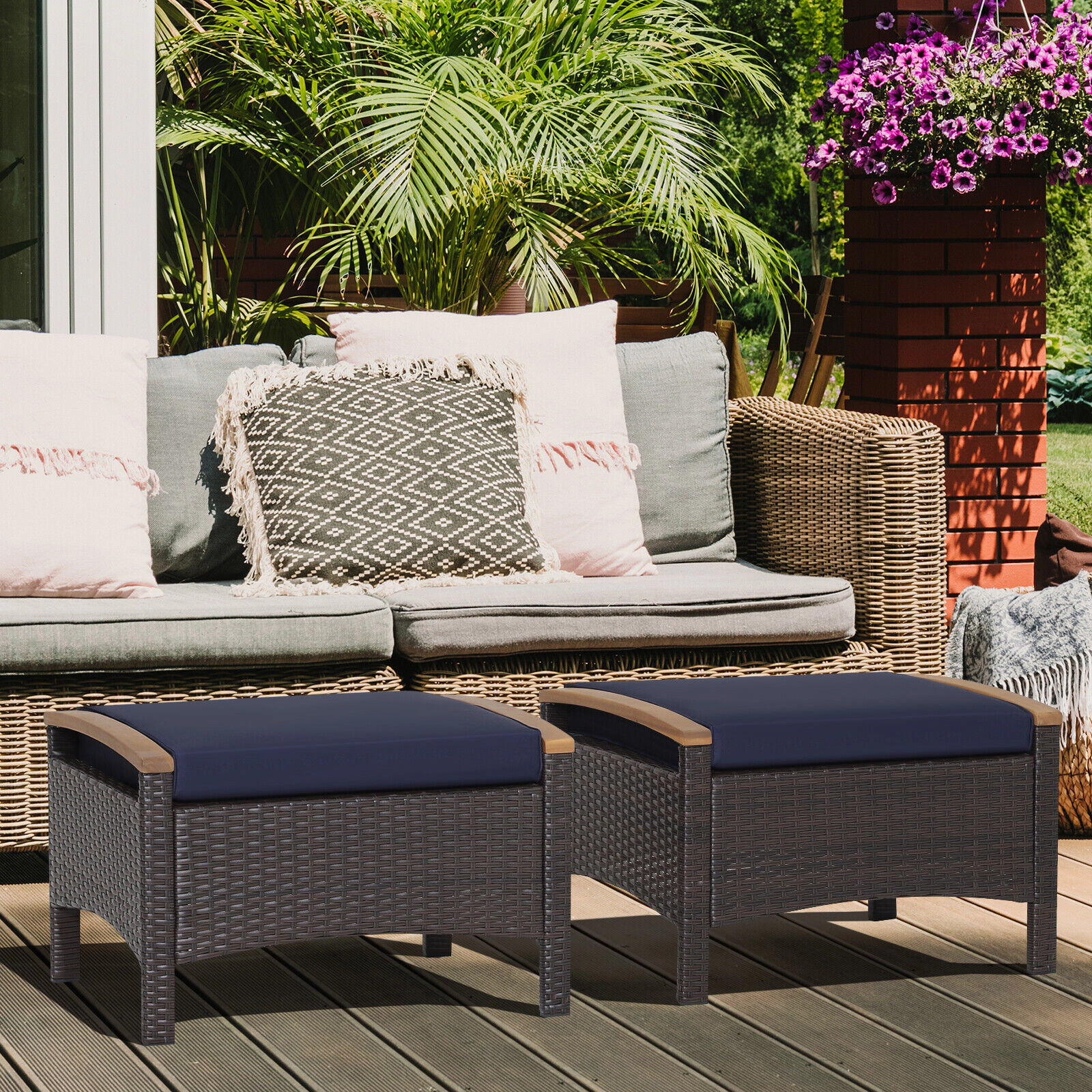 SUGIFT Set of 2 Mix Brown Outdoor Wicker Ottomans with Washable Cushions