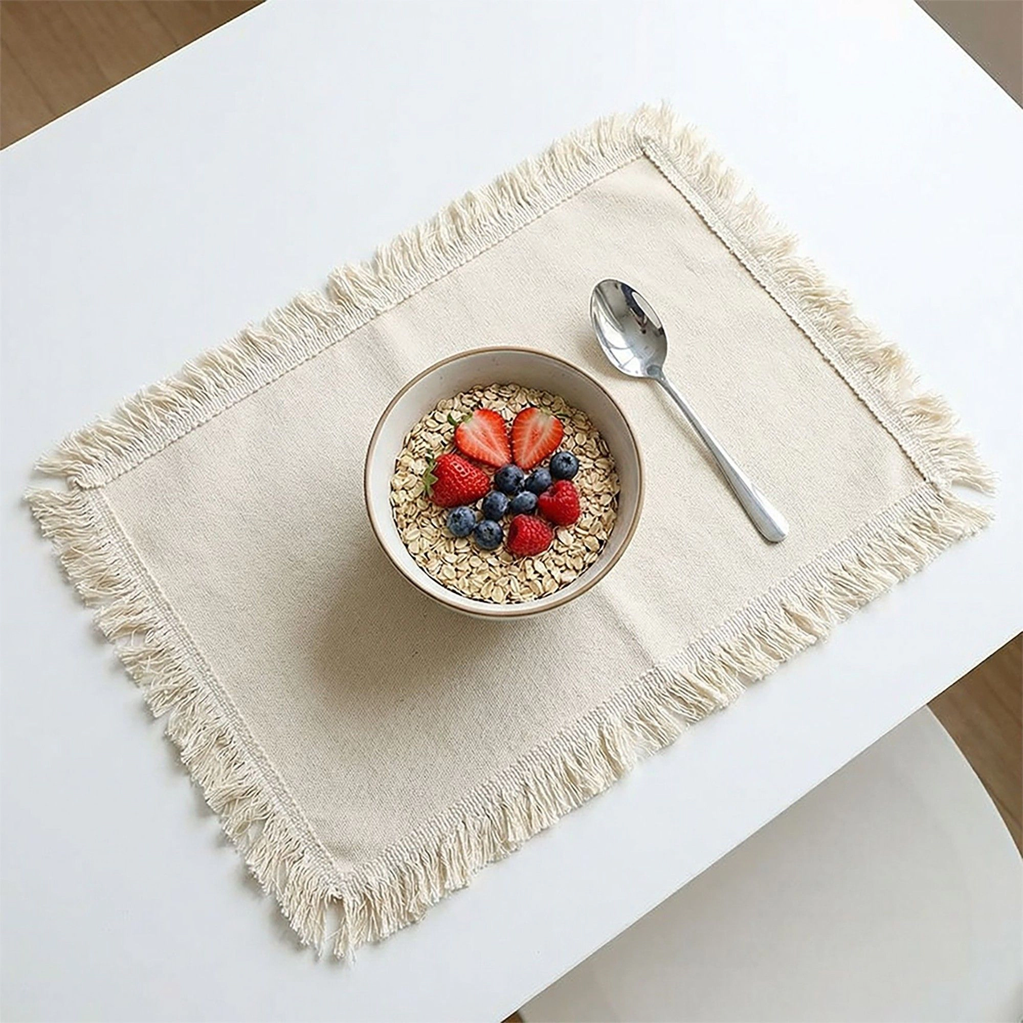 Alilang Unisex 4 Piece Cotton Linen Fringe Placemats Farmhouse Table Mats Washable Heat Resistant Dining Mats