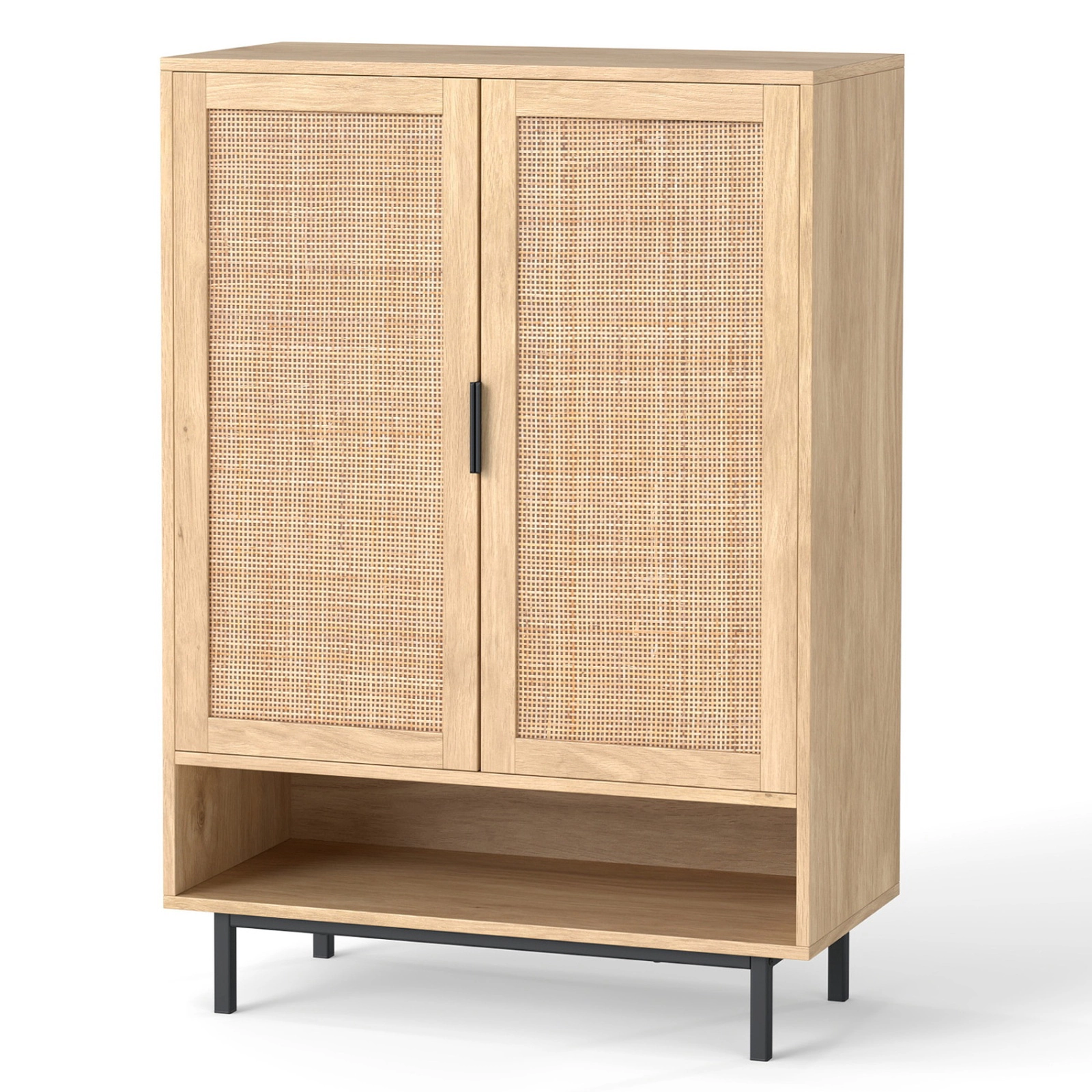 SUGIFT 6-Tier Natural 43-in Tall Shoe Cabinet with Rattan Accent Double Doors and Open Compartment