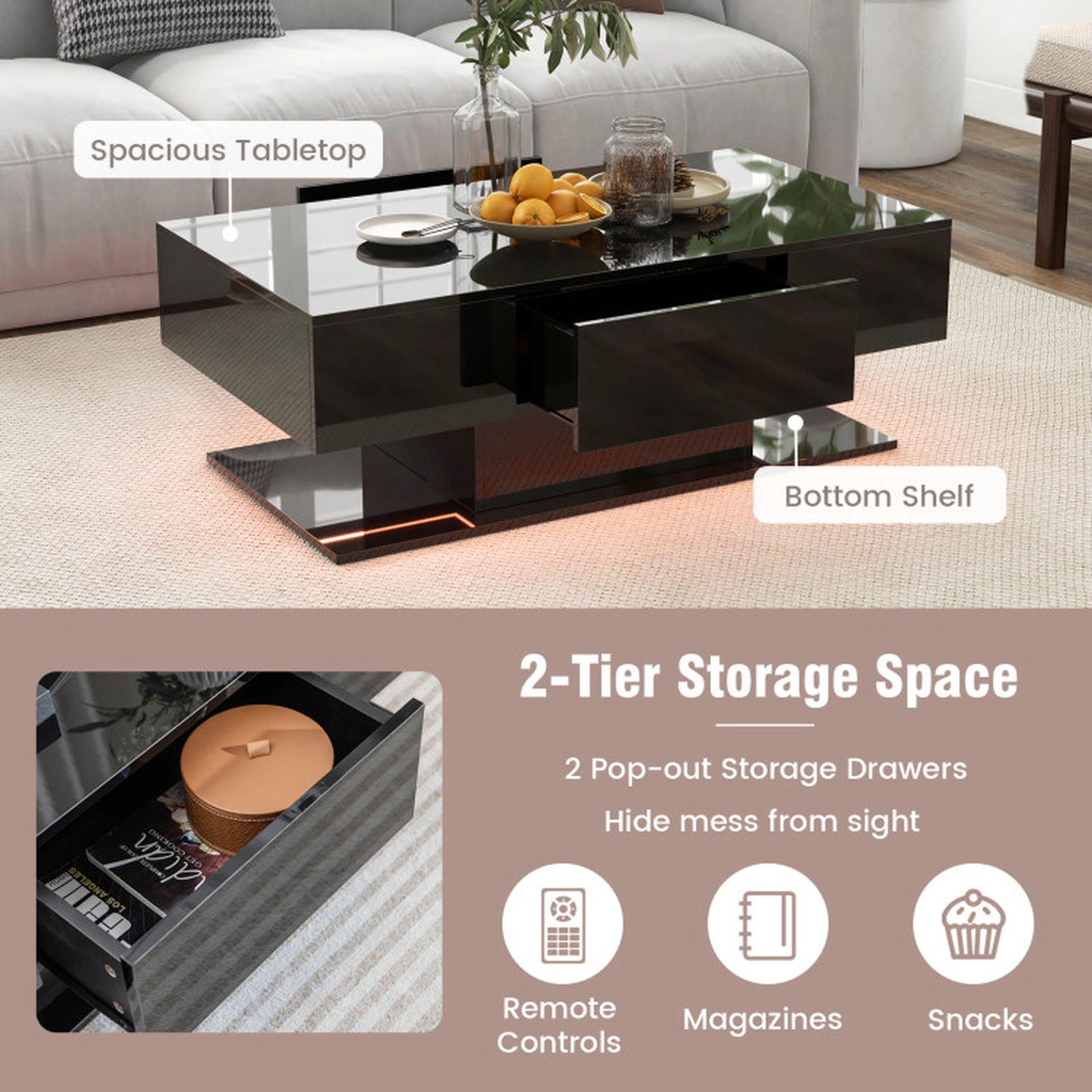 SUGIFT 43.5-in 110-lb Capacity 20-Color LED High-Gloss Coffee Table with 2 Push-to-Open Drawers