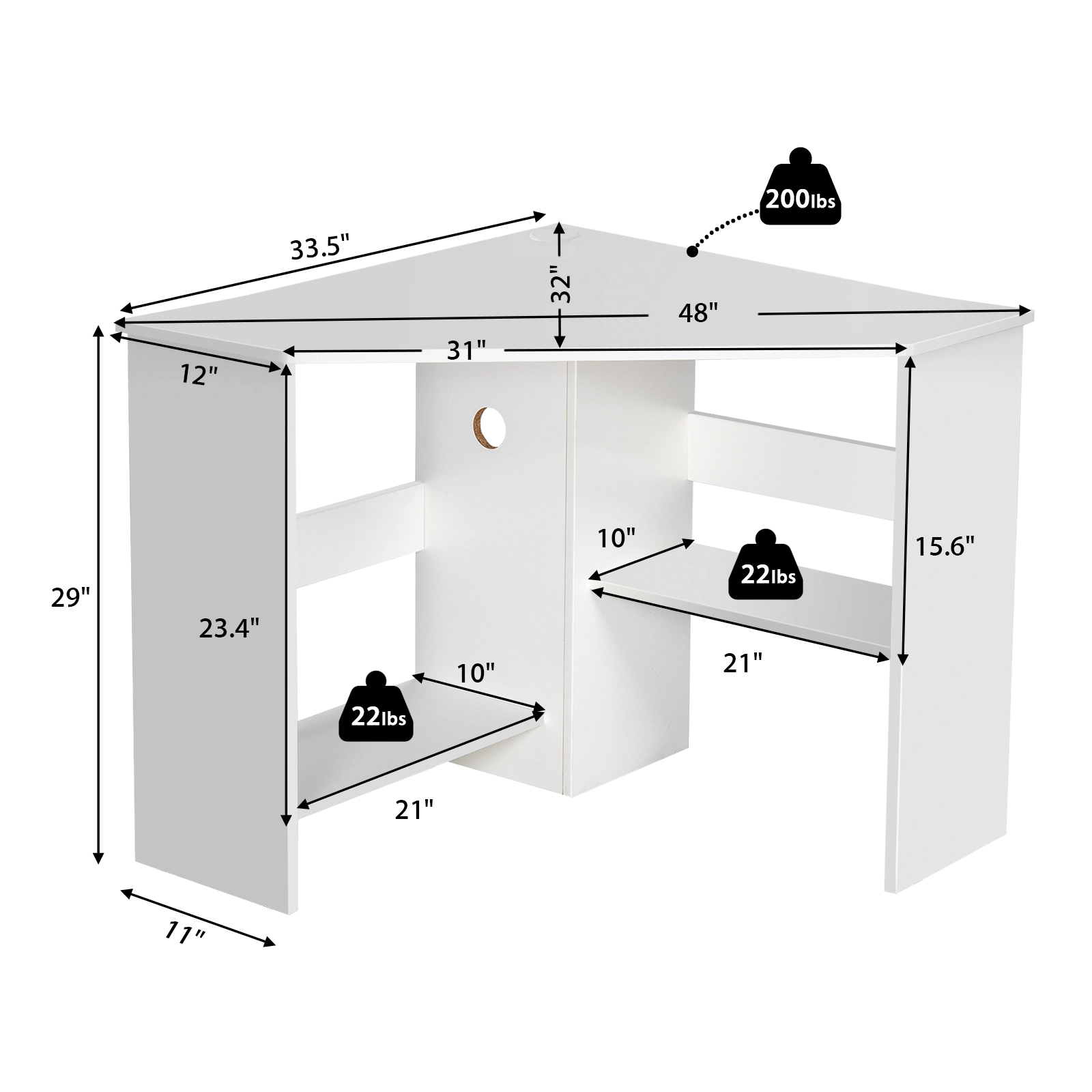 SUGIFT Triangle Corner Computer Desk Writing Workstation with Storage Shelf 200-lb Tabletop Capacity White