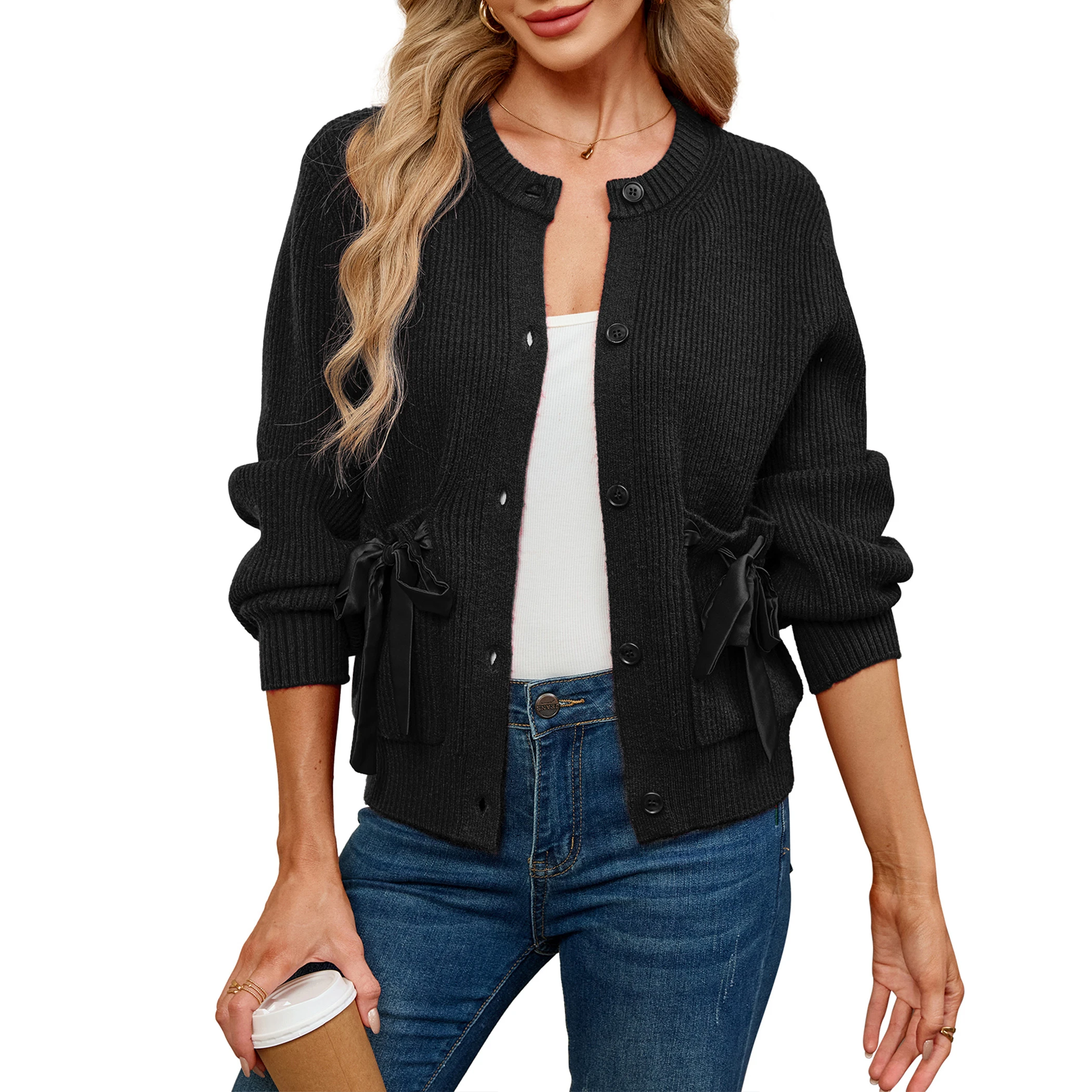 YesFashion Women's Side Tie Long Sleeve Button Cardigan Sweaters Open Front Fall Winter Outfits