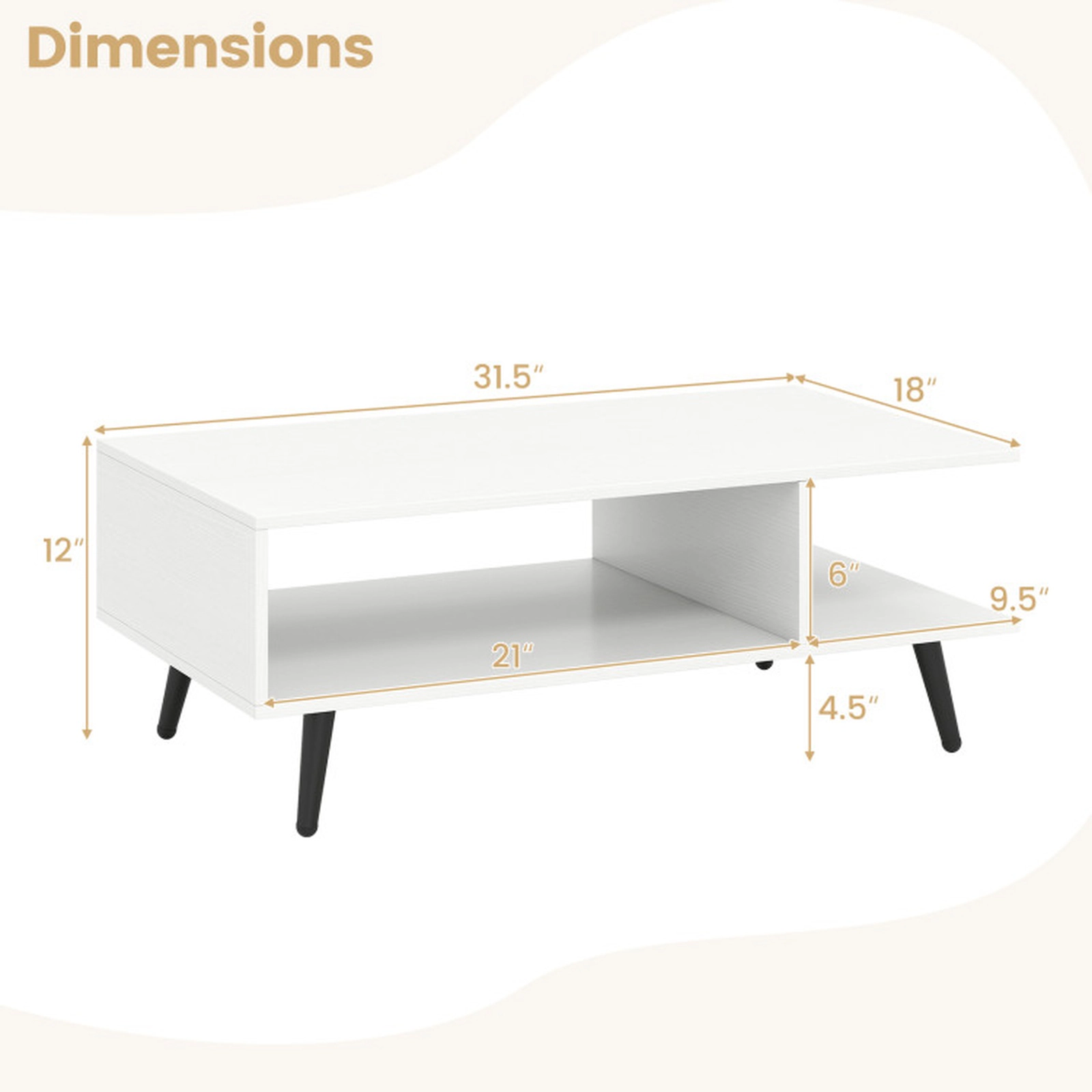 SUGIFT 110-lb Capacity Mid Century Modern White Rectangle Coffee Table with 2 Open Compartments