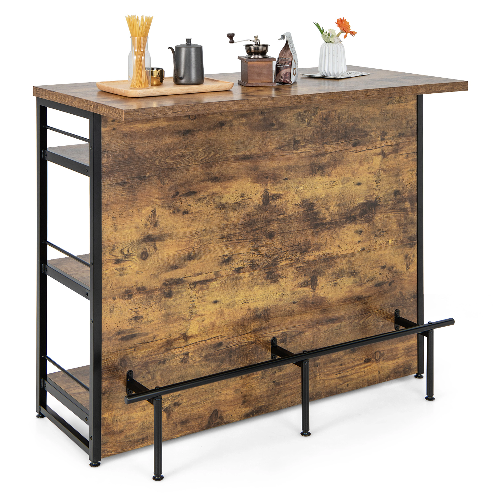 SUGIFT Kitchen Island 4-Tier Storage Shelf & Long Footrest 150-lb Tabletop Capacity 60-lb Shelves Rustic Brown/Black