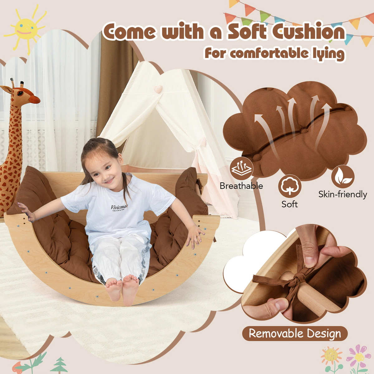 SUGIFT Montessori Kids Climbing Arch Rocker with Cushion 110-lb Capacity Ages 1+ 31.5-in Frame Coffee Beige Natural