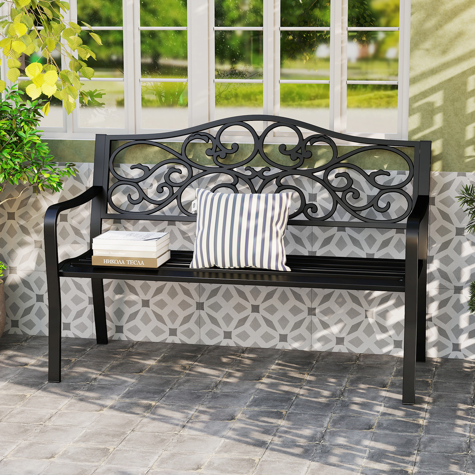 LJG 50 Inches Outdoor Garden Bench with Floral Design Backrest and Slatted Seat