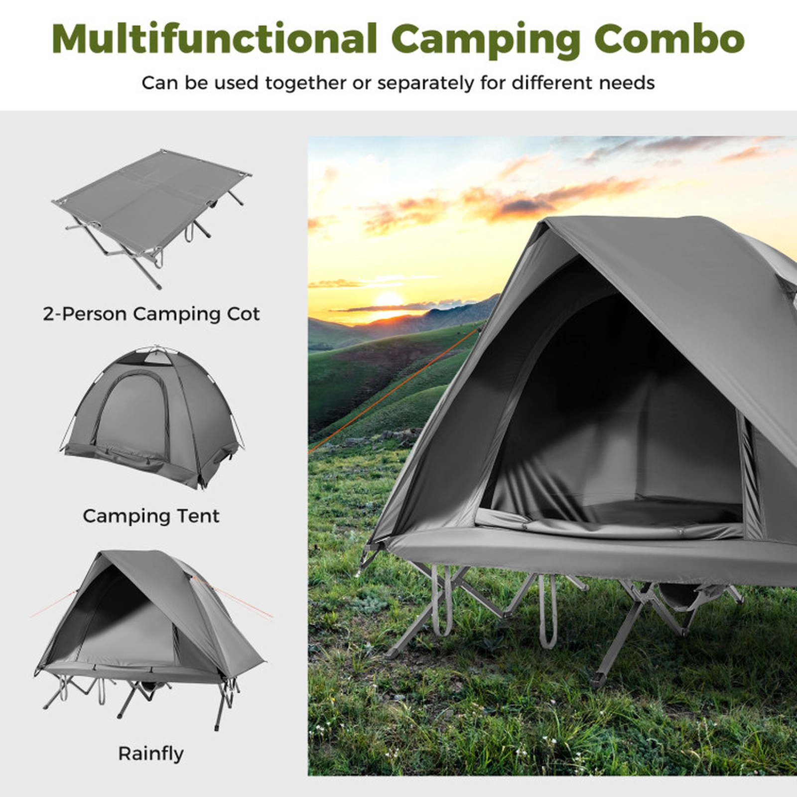 SUGIFT Grey 77-in 660-lb Capacity 2-Person Camping Cot Tent with 3000-mm Rainfly and Wheeled Bag