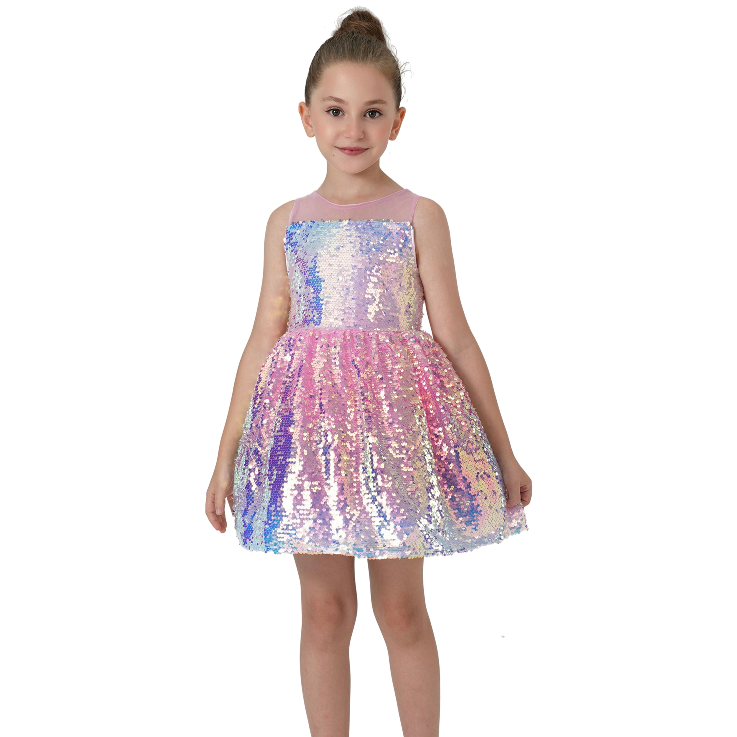 2Bunnies Girls' Ombre Sequin Illusion Neckline Sleeveless Dress
