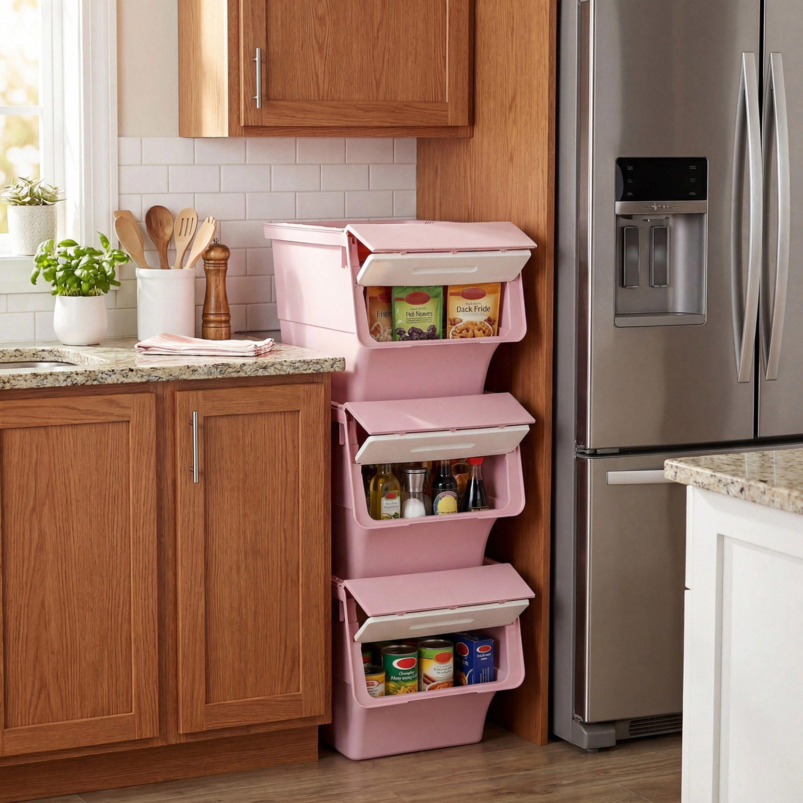 SUGIFT Stackable Plastic Storage Bins on Wheels with Stay-Open Lid 20-lb Lid 22-lb Inner Capacity White + Pink