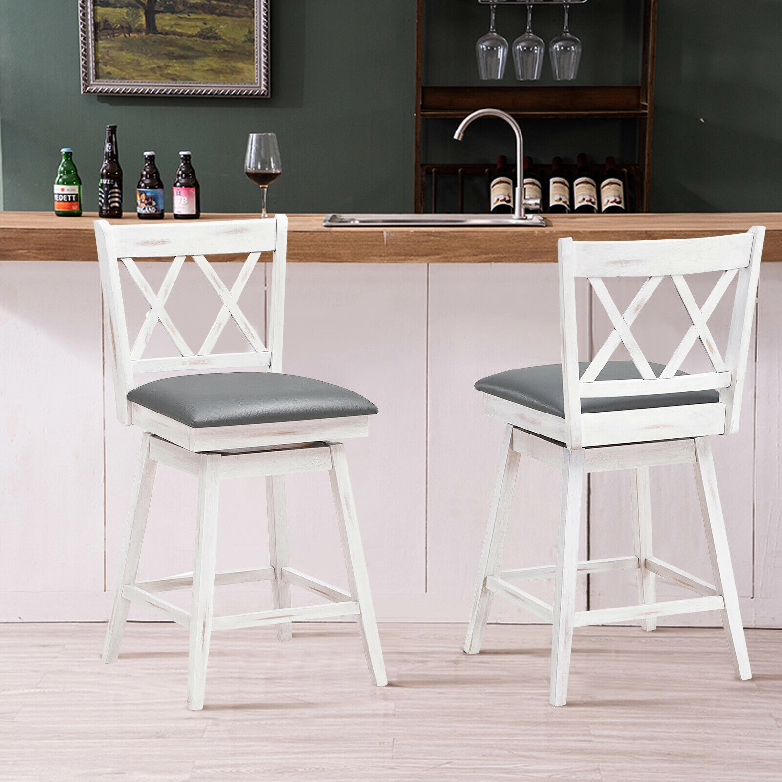 SUGIFT 2-Piece 24-in Swivel Counter Height Bar Stool Set Rubber Wood Legs 264-lb Capacity 18 x 20 x 38 in Black/White