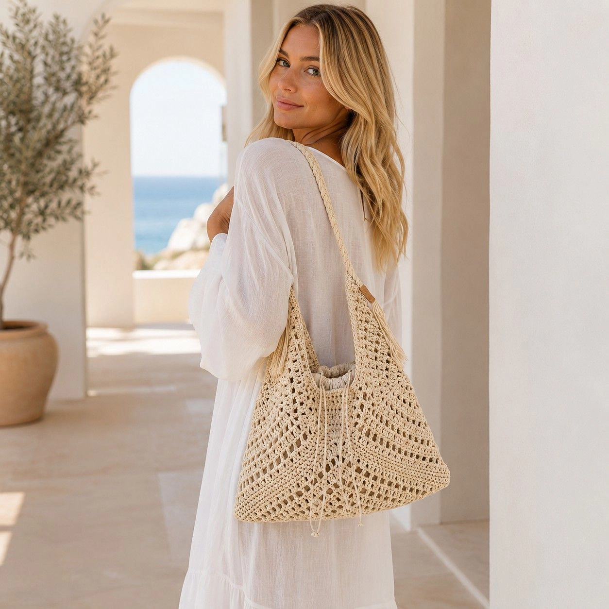Alilang Women's Woven Crochet Hobo Shoulder Bag with Tassel Detail Soft Knit Slouchy Tote Drawstring Style, Beige