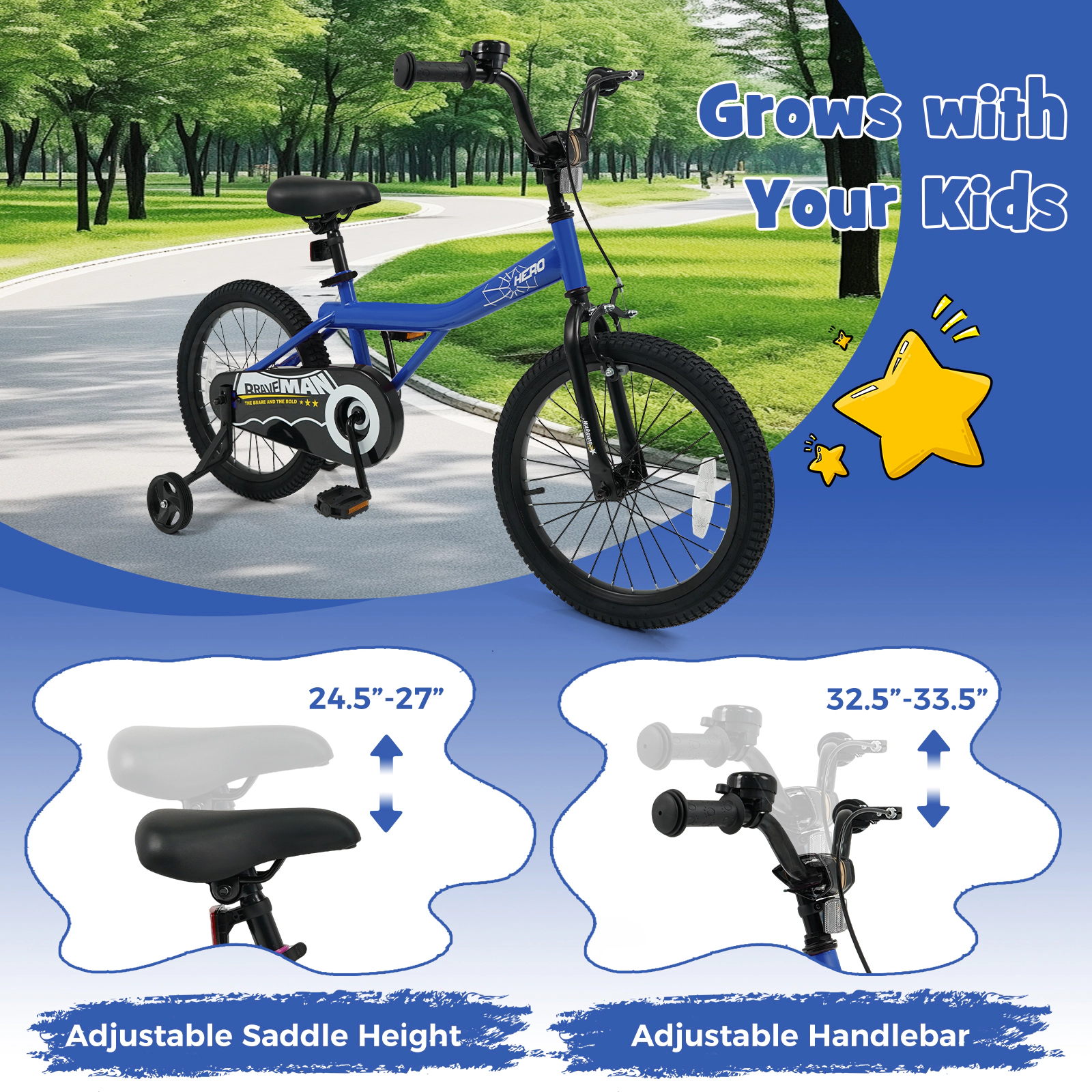 18-in Kids Bike Boys Short-Reach Handbrake Coaster Brake Removable Training Wheels Soft Padded Saddle Ages 4-8 Navy