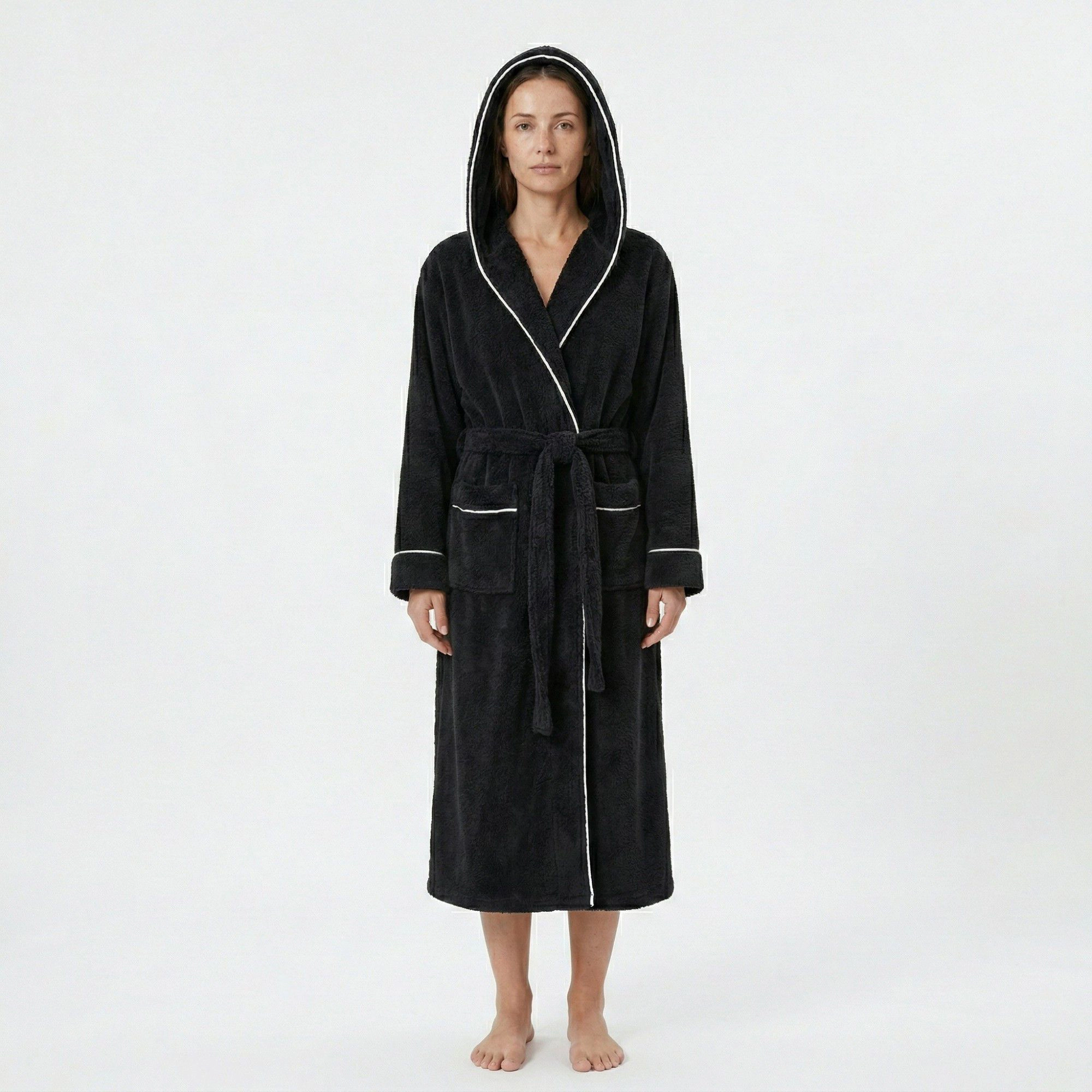 Anna-Kaci Women's Plush Hooded Long Bathrobe with Full Length Wrap Design Adjustable Waist Tie Contrast Trim and Pockets